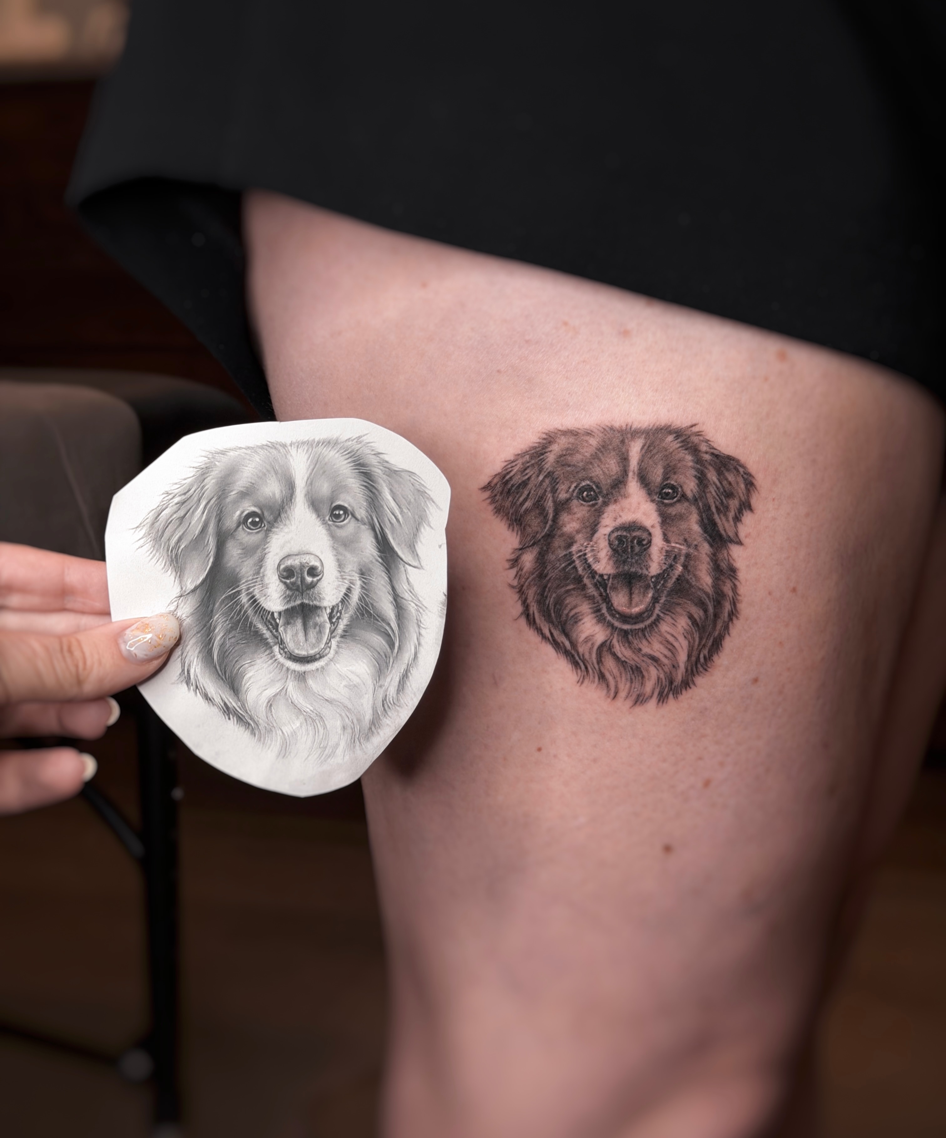Dog realism tattoo on the thigh by Alina 🌙 Tattoo in Calgary 🇨🇦