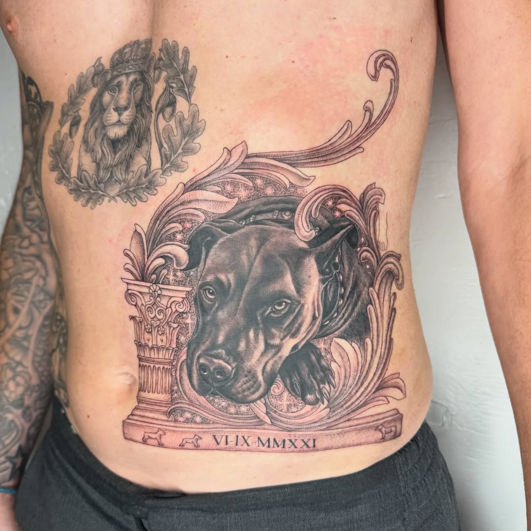 Dog realism tattoo on the ribs by Rose