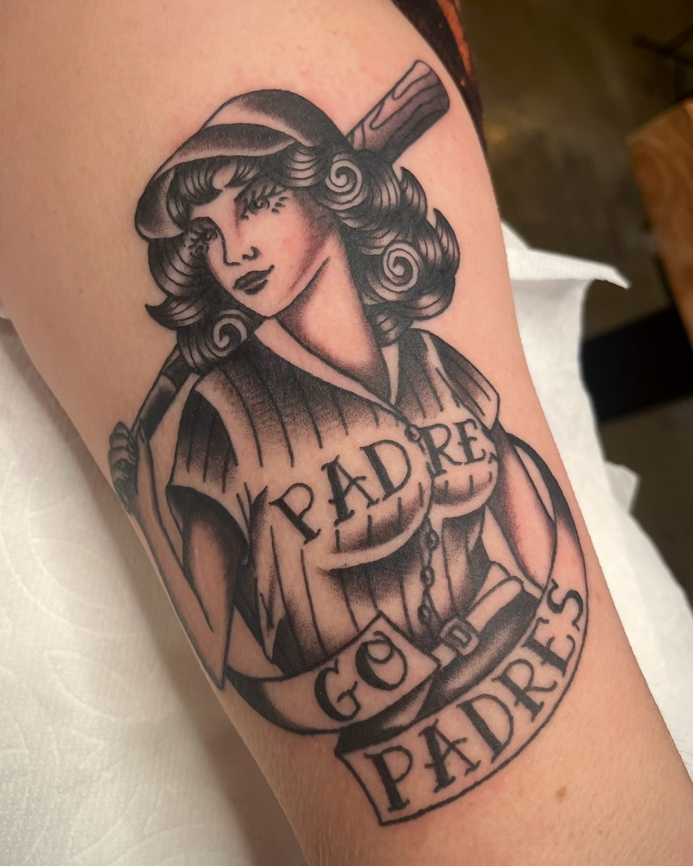 Baseball player American traditional tattoo on the forearm by Tiffani Thompson, San Diego, California