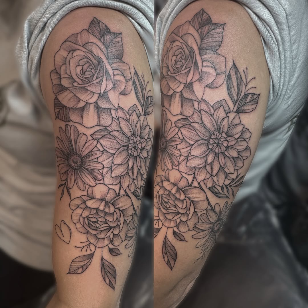 Floral bouquet dotwork tattoo on the forearm by Kelsey 🖤 Tattoo Artist, Waterford Township