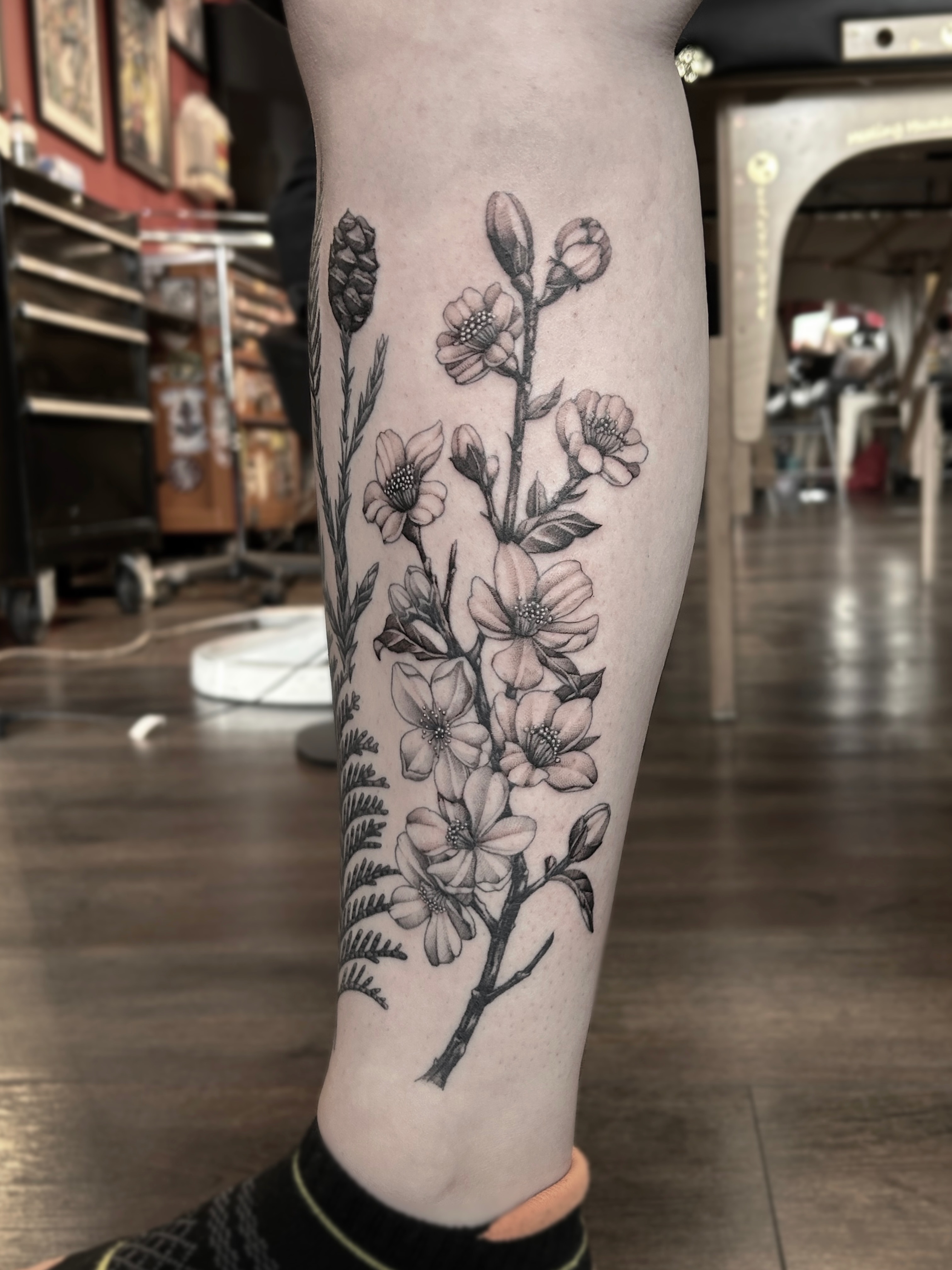 Cherry blossoms black and grey tattoo on the calf by Tako, Seattle, Washington