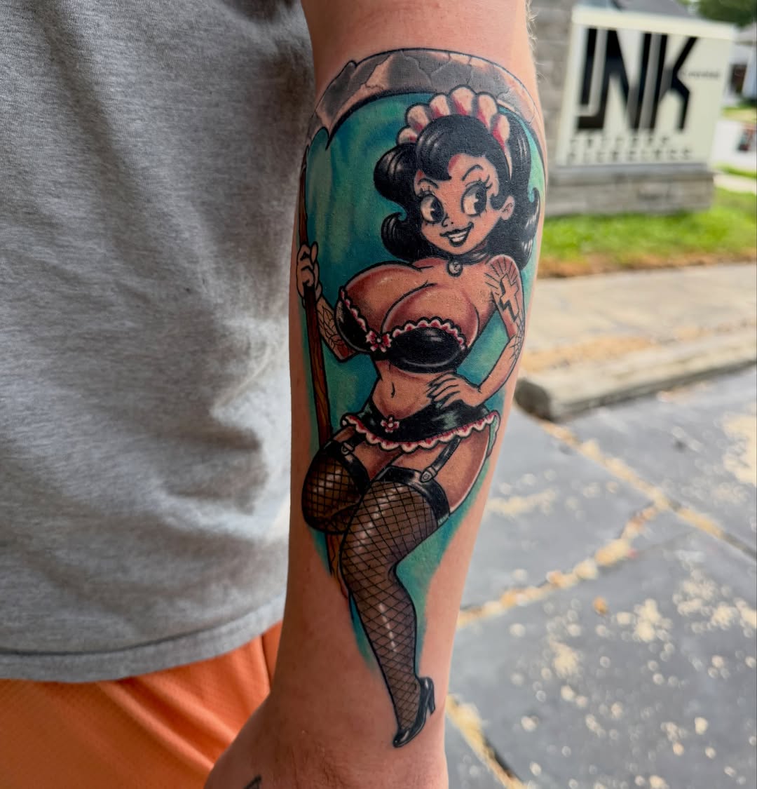 Betty Boop pin-up girl American traditional tattoo on the forearm by Michael Latendresse
