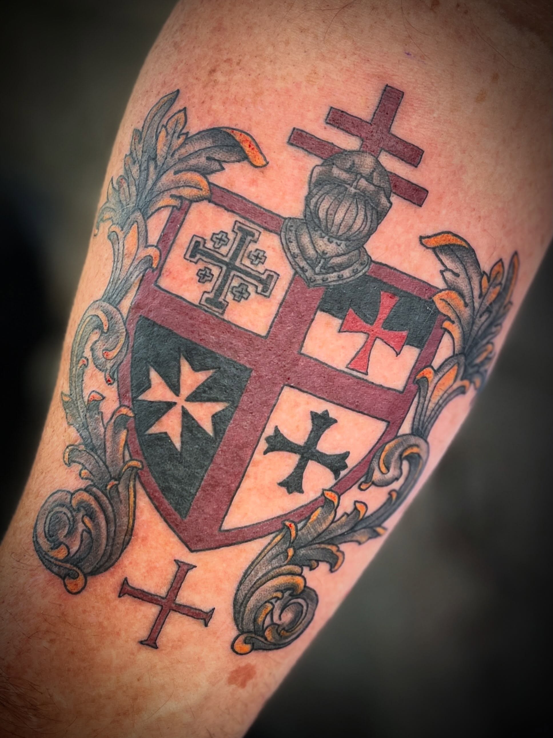 Coat of arms American traditional tattoo on the forearm by Suzanne B