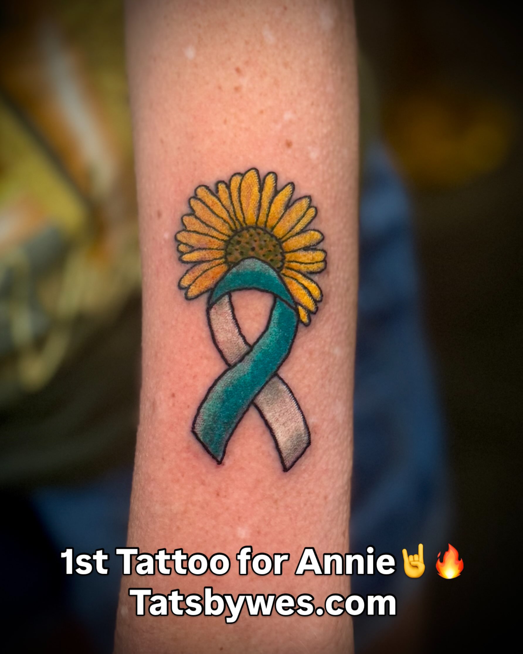 Sunflower and teal ribbon dotwork tattoo on the forearm by 𝐖𝐄𝐒