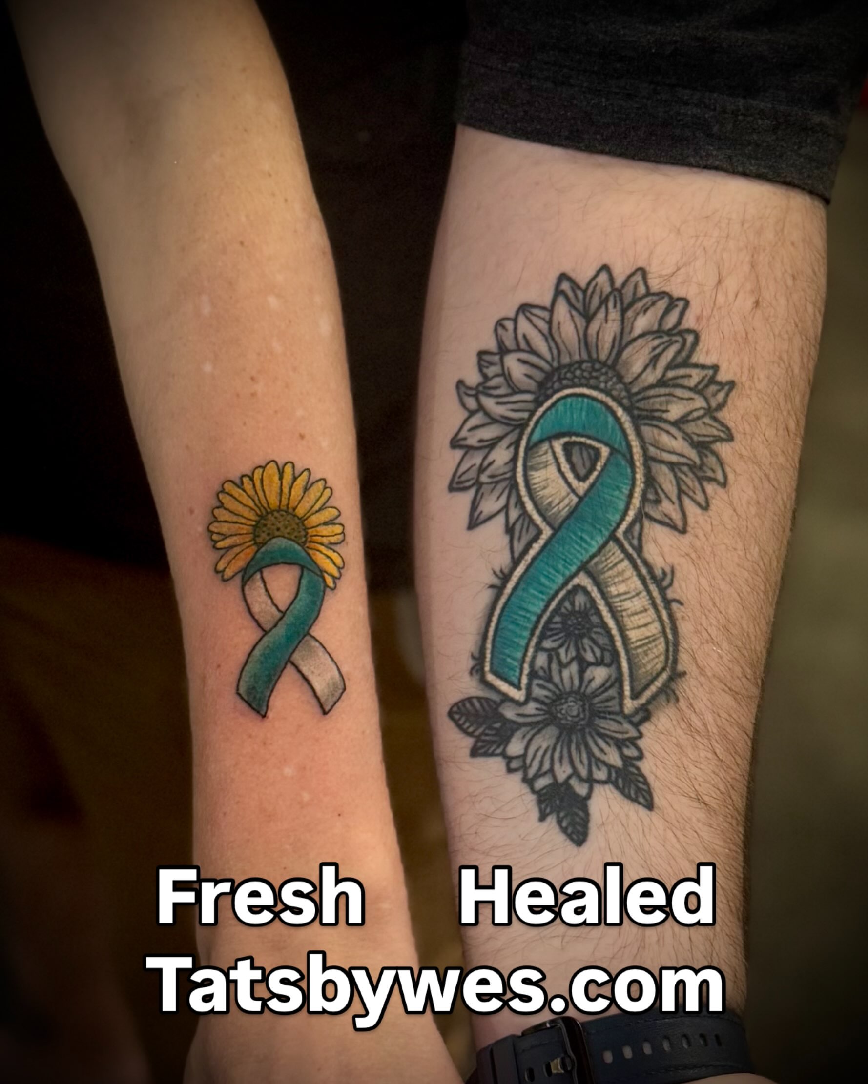 Sunflower and teal ribbon American traditional tattoo on the forearm by 𝐖𝐄𝐒