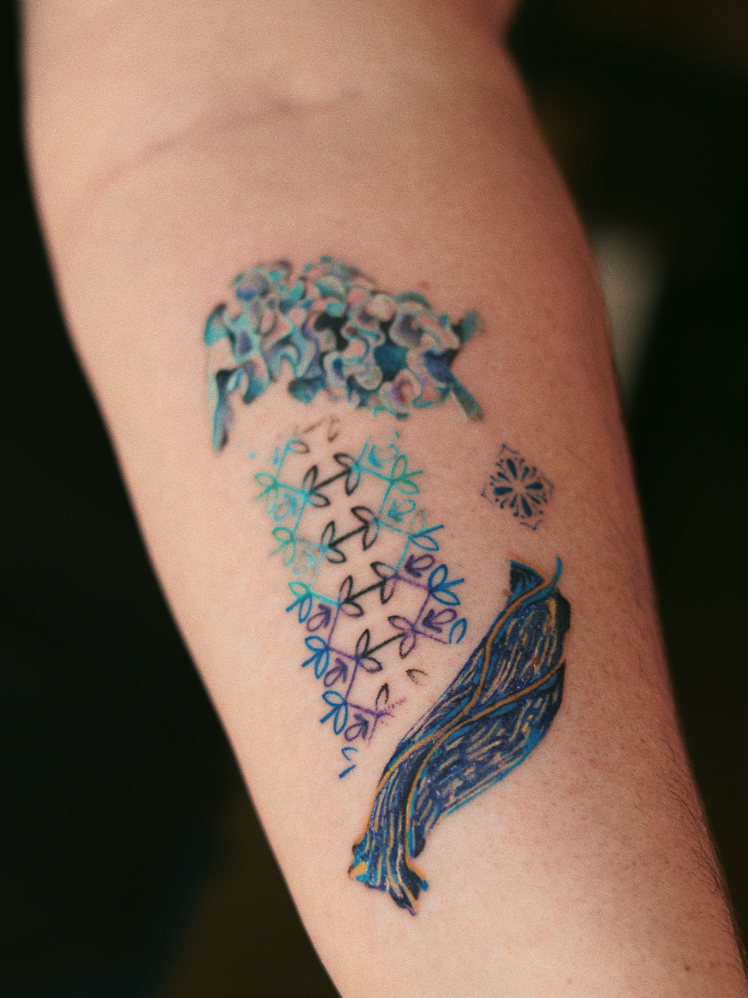 Flower bouquet watercolor tattoo on the forearm by Micah Light (color micro realism, Los Angeles, California