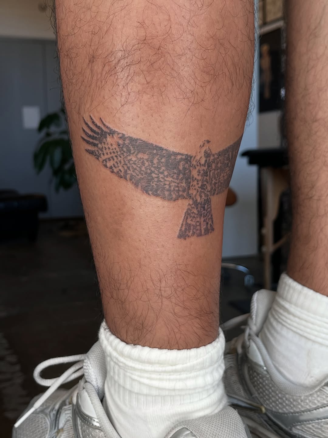 Eagle in flight fine line tattoo on the leg by Gap⋆head