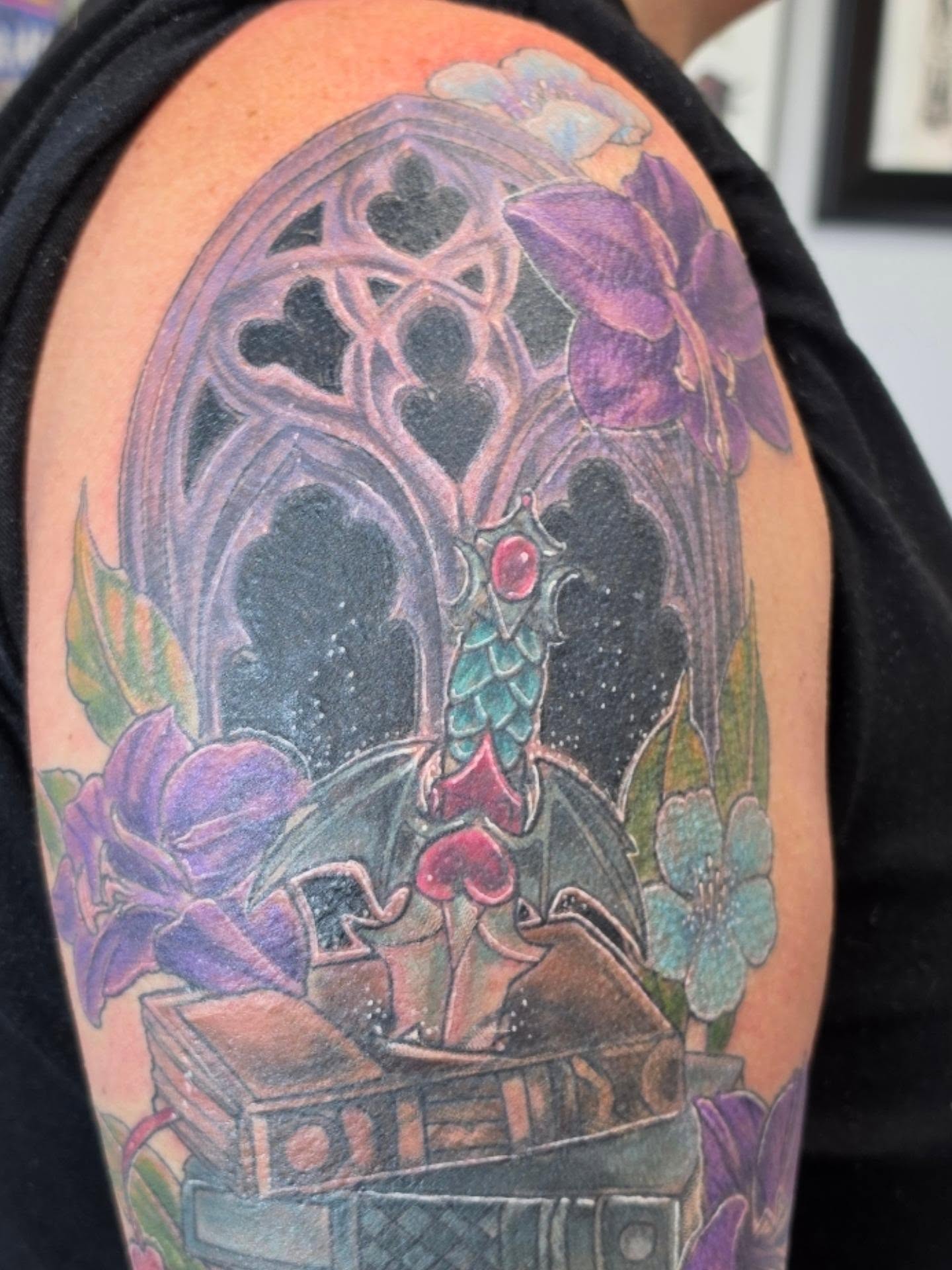 Fantasy creature new school tattoo on the shoulder by Colleen