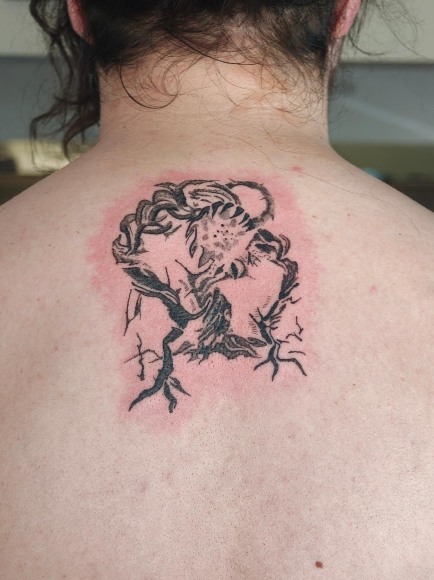 Tree black and grey tattoo on the back by Dani Sandoval, Anaheim, California
