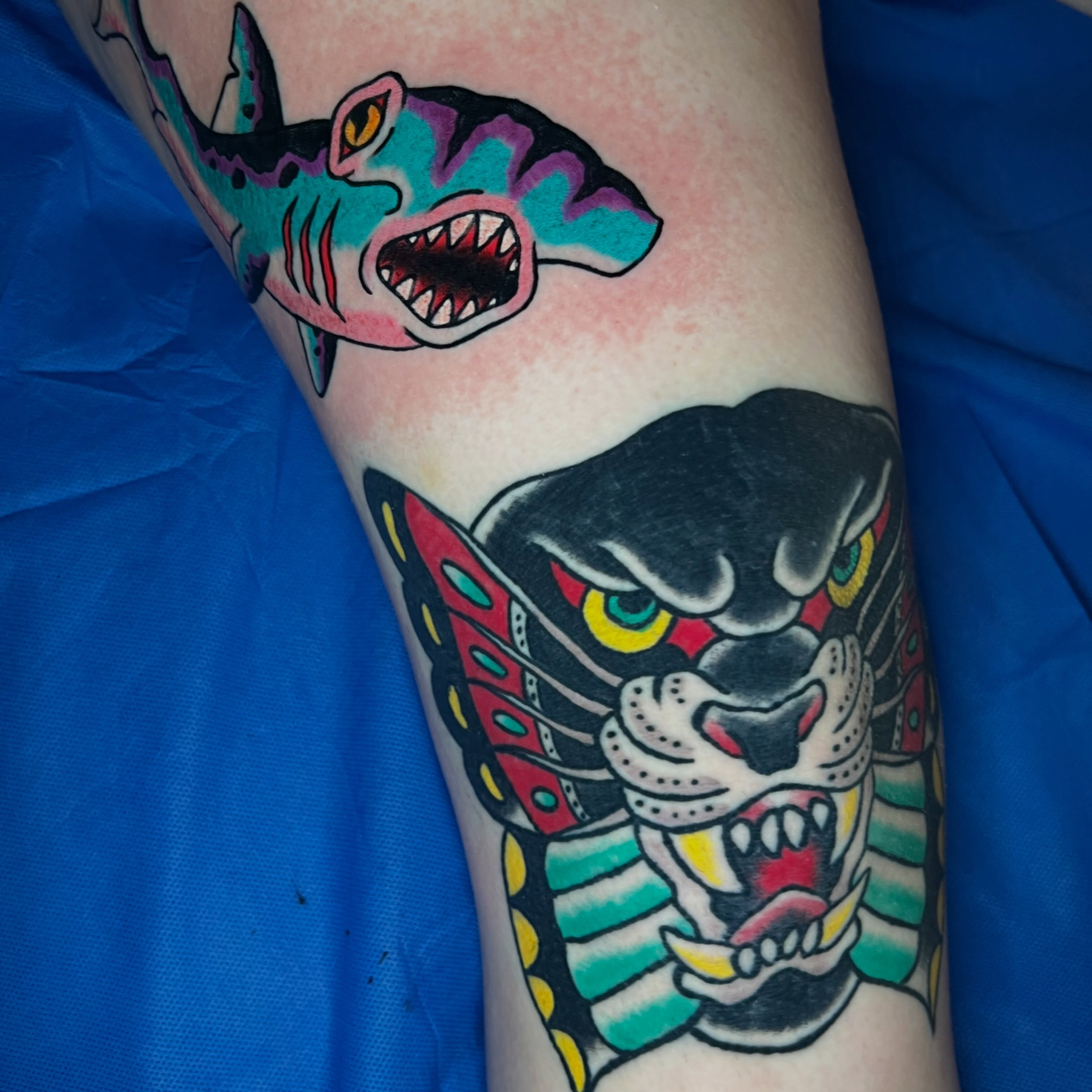 Panther shark American traditional tattoo on the forearm by doodle