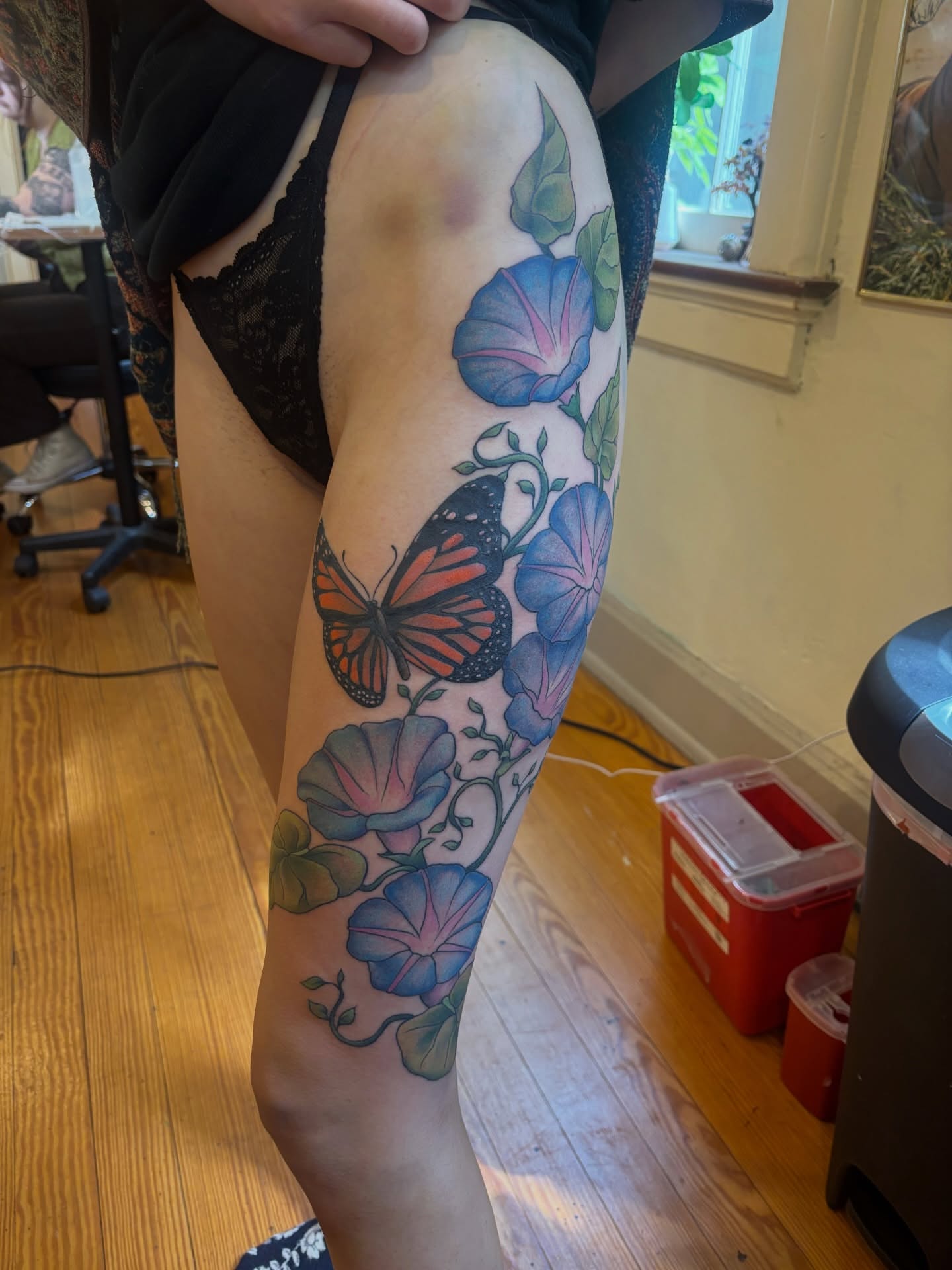 Butterfly and morning glory new school tattoo on the thigh by V ☆ Cincinnati Tattoo Artist