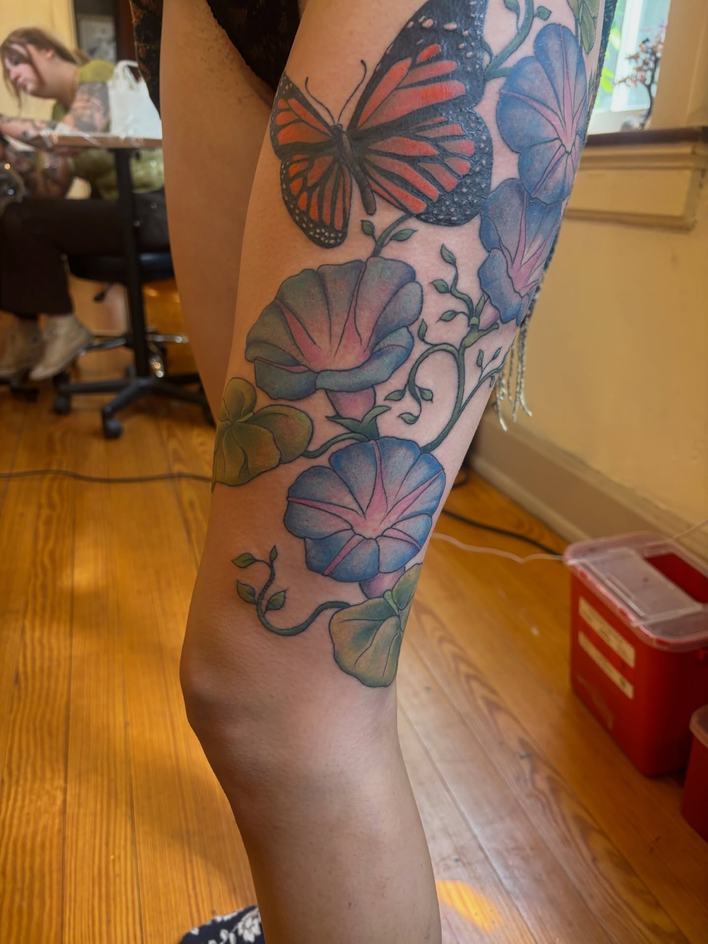 Morning glory flowers and butterfly new school tattoo on the forearm by V ☆ Cincinnati Tattoo Artist