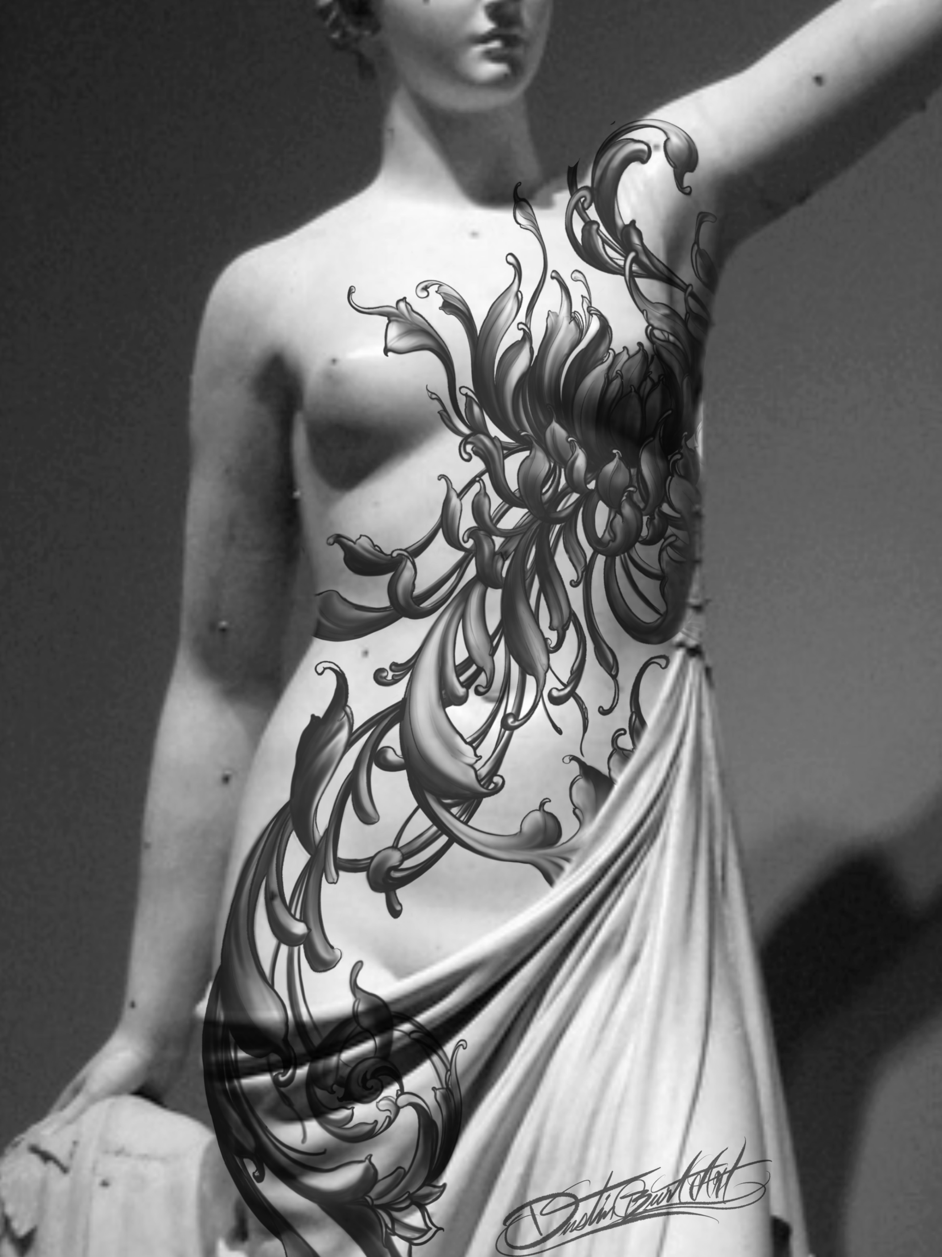 Floral design black and grey tattoo on the torso by ➕d U S T I N C H A R L e S➕, Seattle, Washington