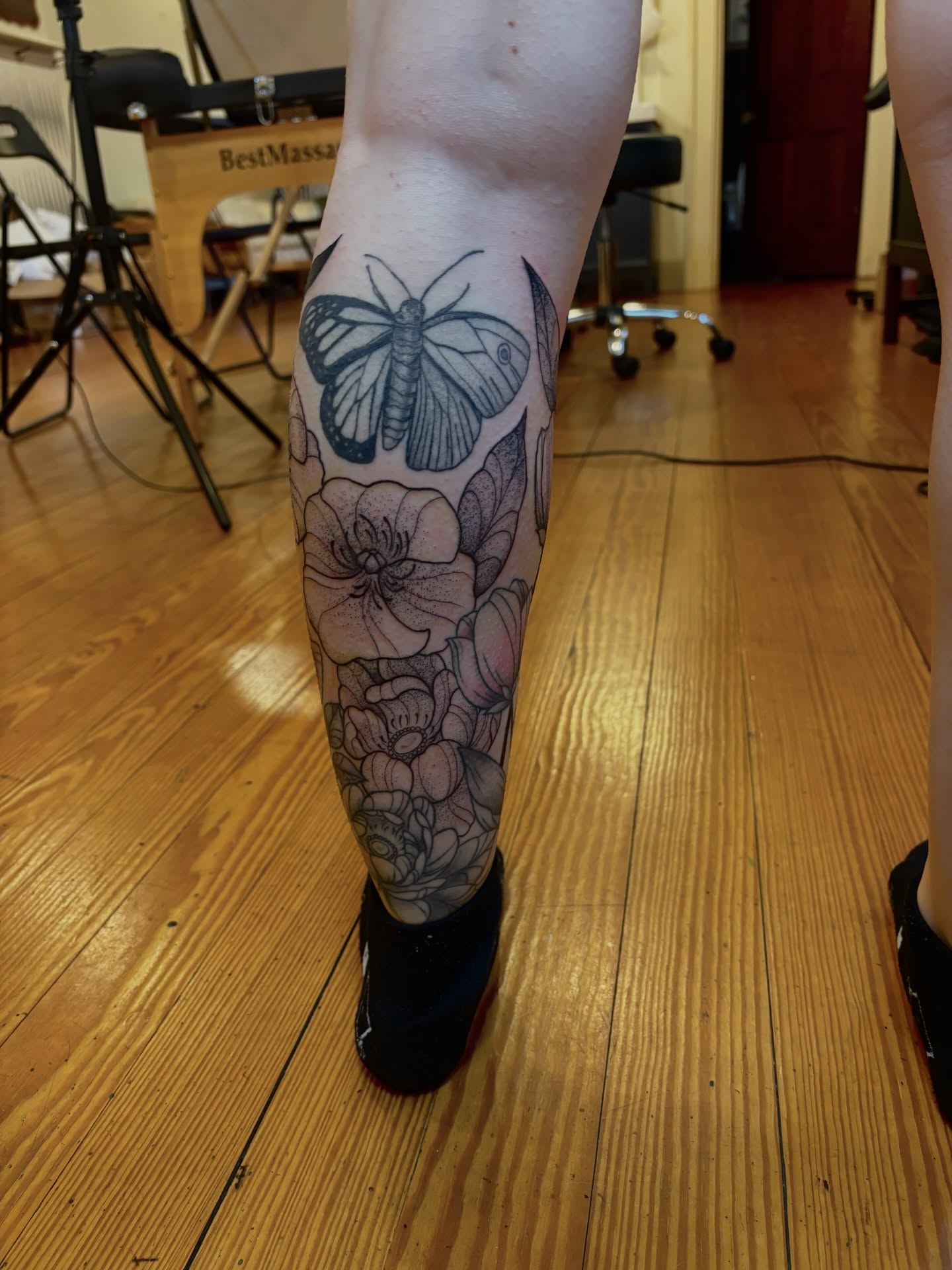 Butterfly and flowers black and grey tattoo on the calf by V ☆ Cincinnati Tattoo Artist