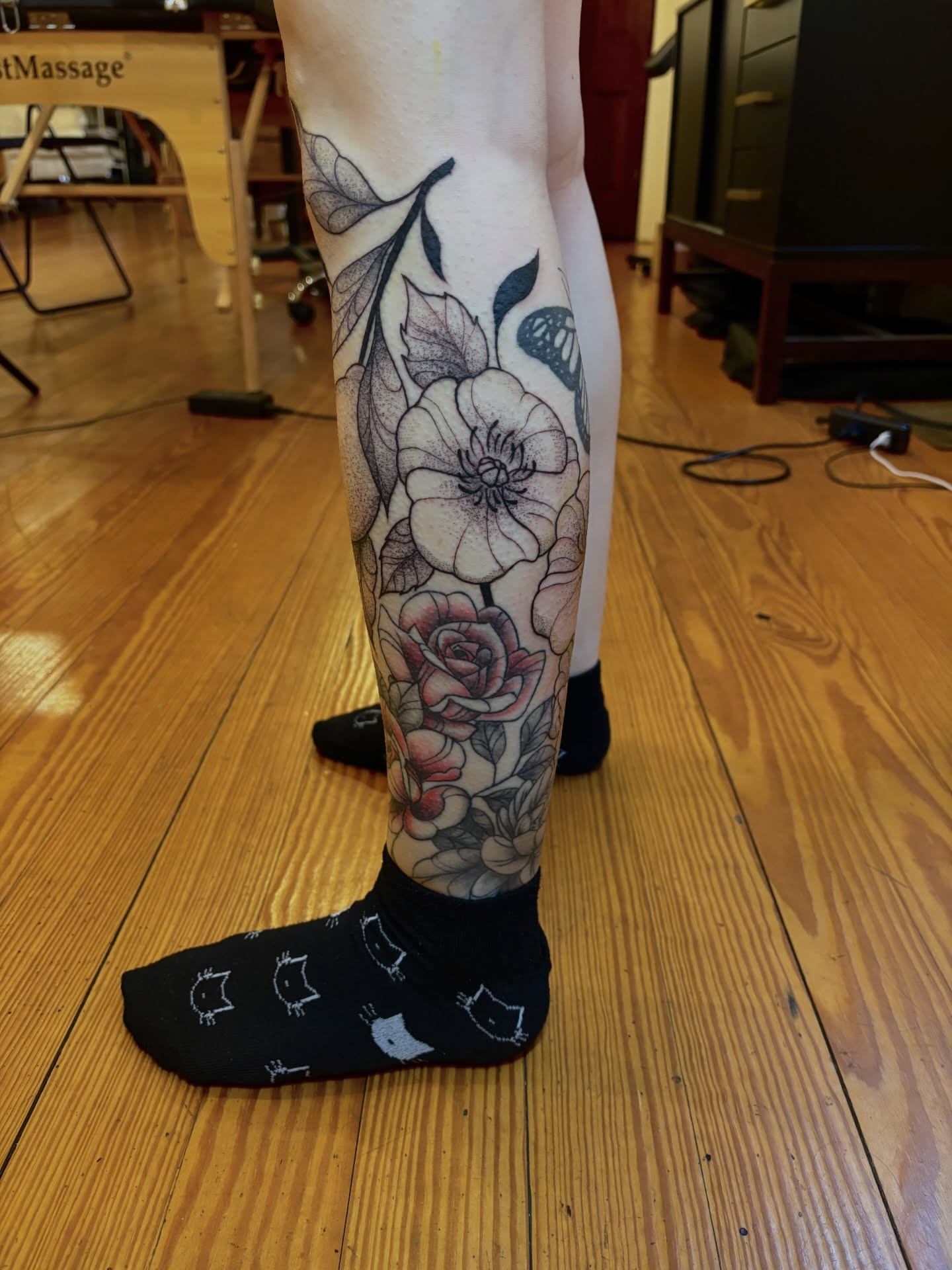 Floral bouquet black and grey tattoo on the calf by V ☆ Cincinnati Tattoo Artist
