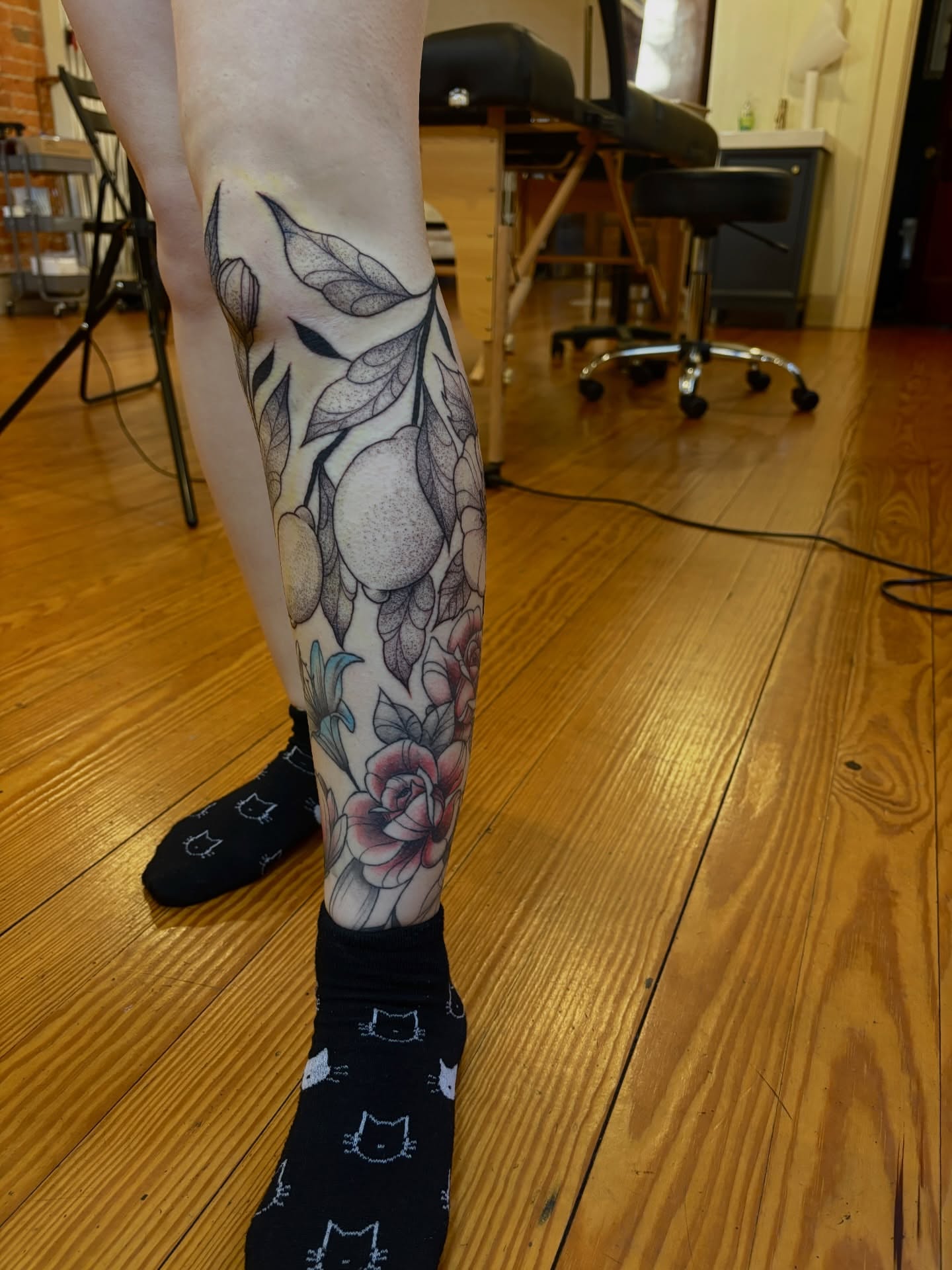 Floral bouquet dotwork tattoo on the calf by V ☆ Cincinnati Tattoo Artist