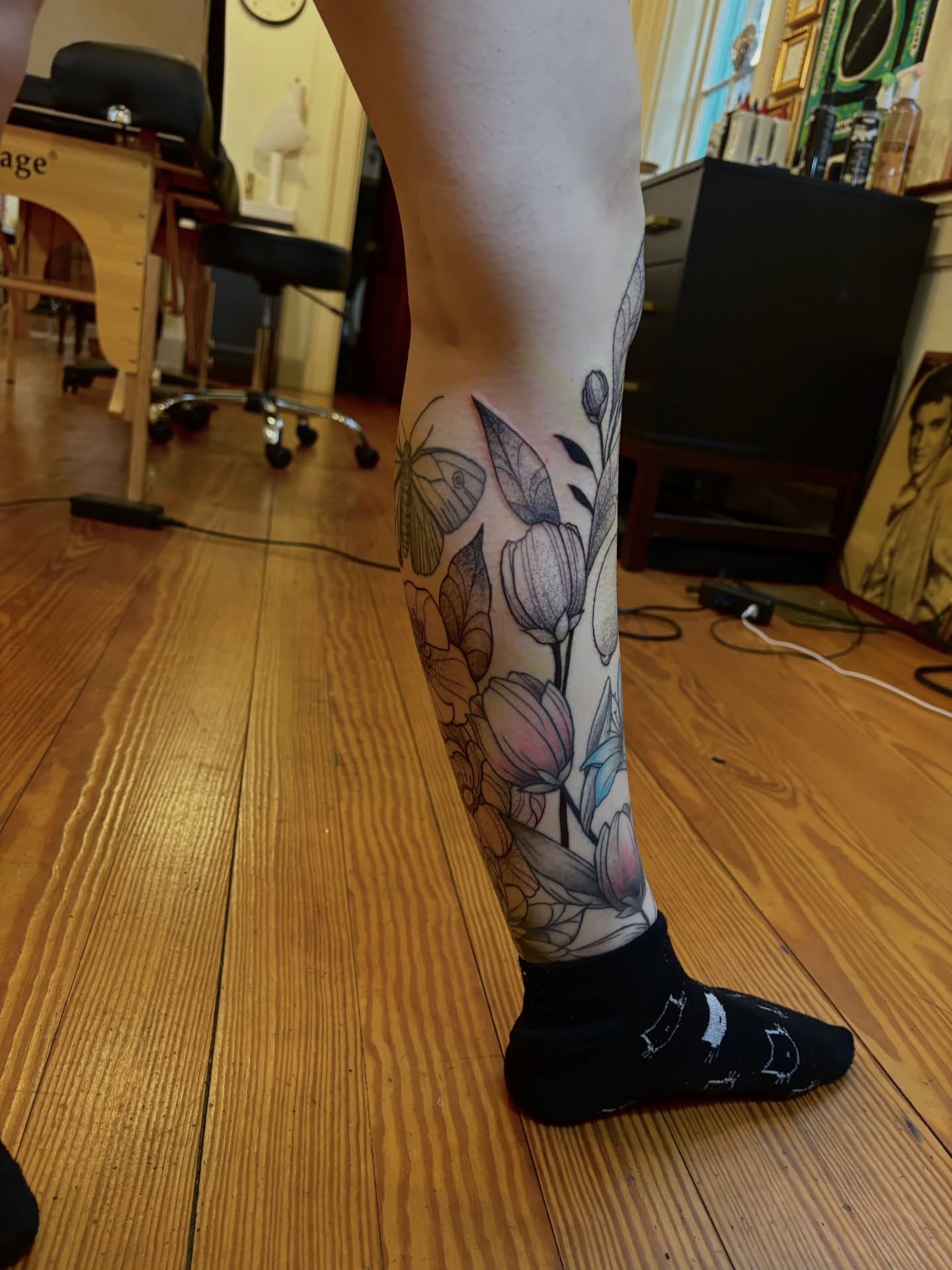 Flowers and butterfly black and grey tattoo on the calf by V ☆ Cincinnati Tattoo Artist