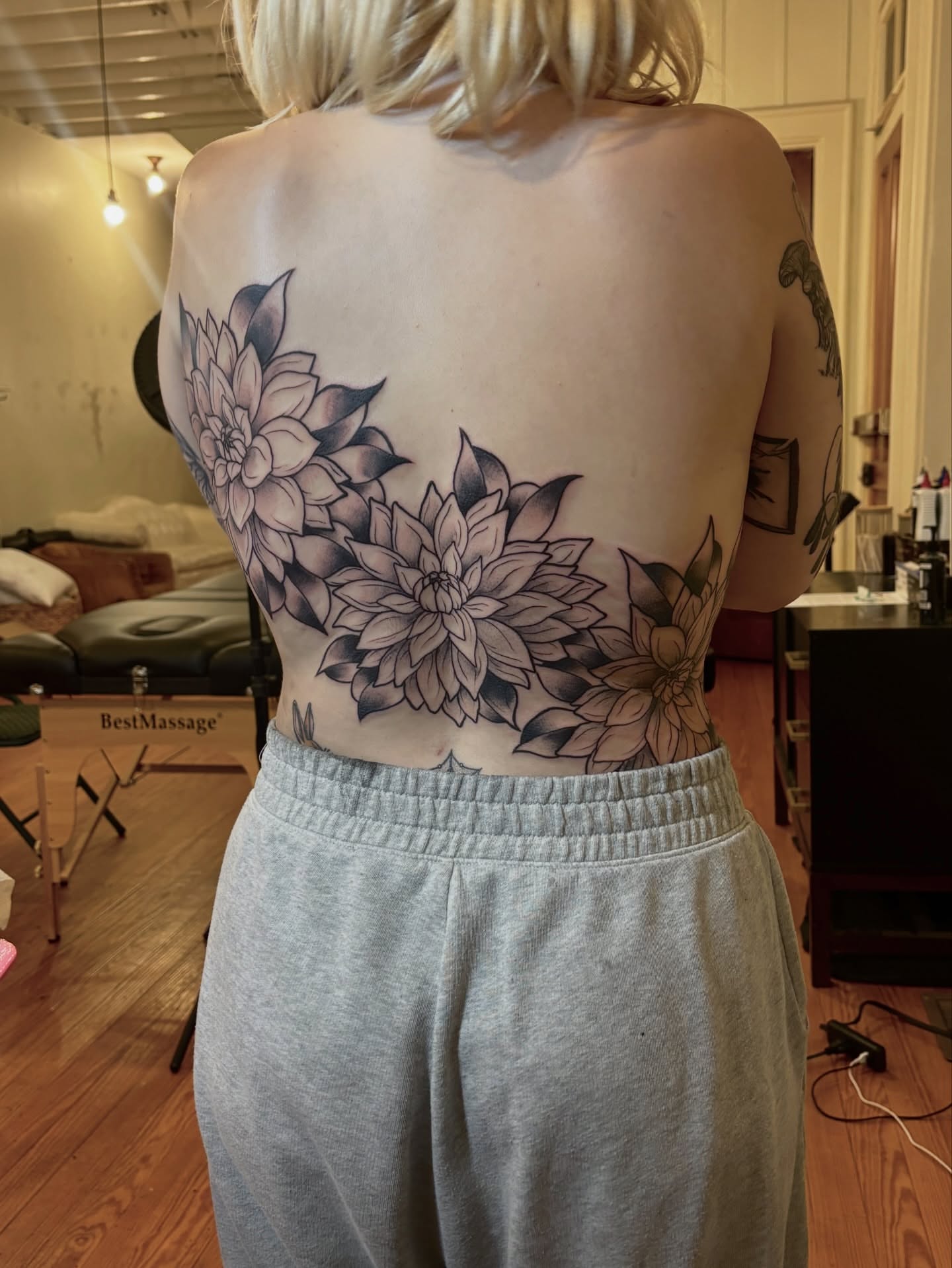 Floral arrangement black and grey tattoo on the back by V ☆ Cincinnati Tattoo Artist