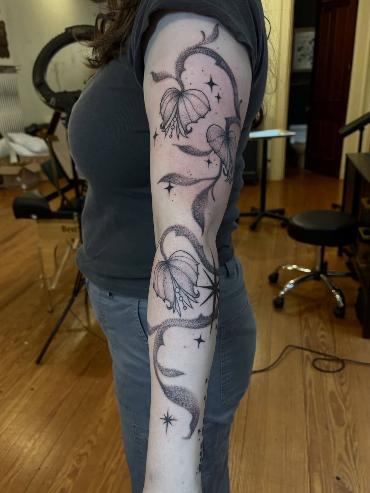Bell flowers dotwork tattoo on the forearm by V ☆ Cincinnati Tattoo Artist