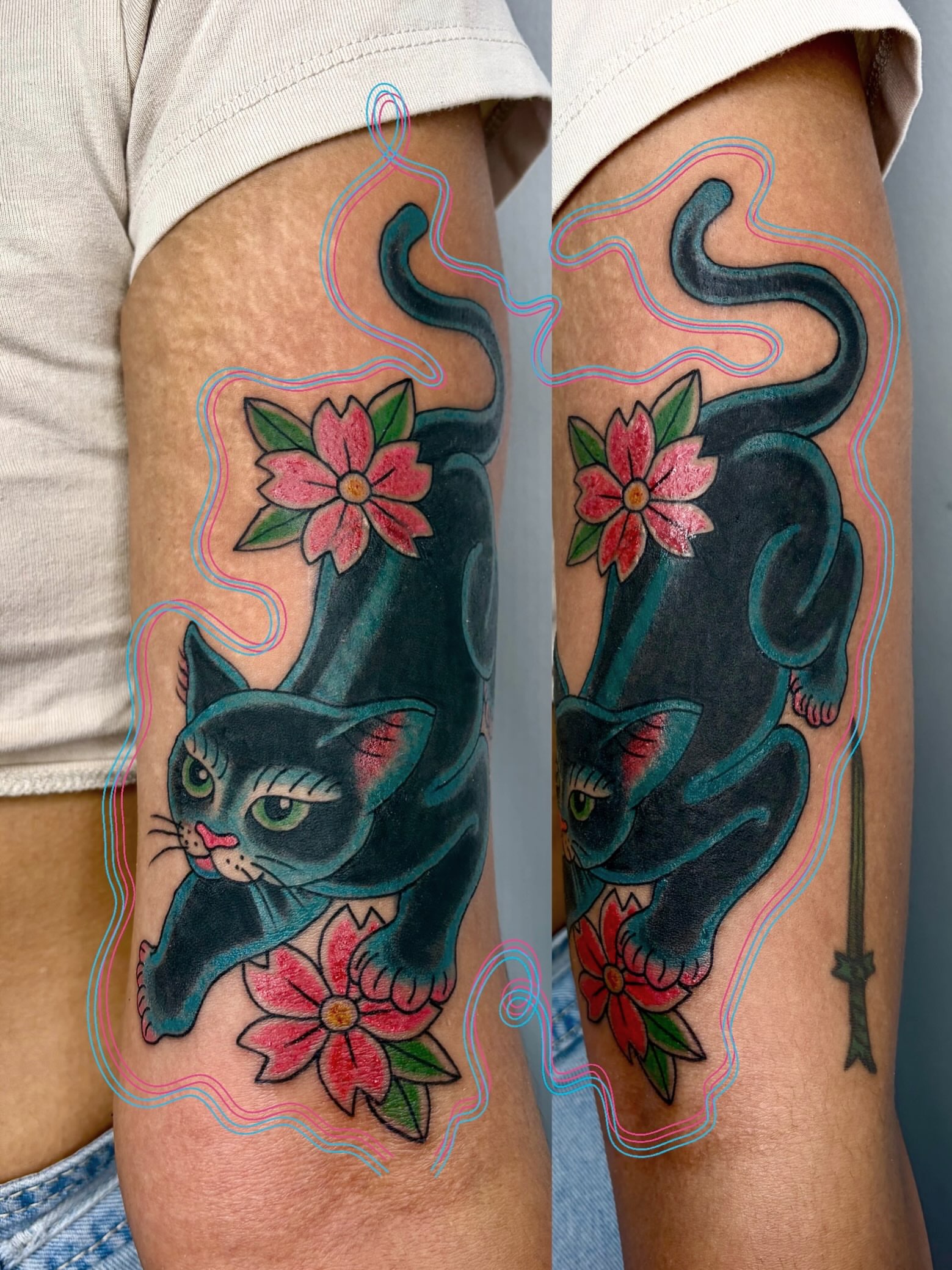 Cat and flowers American traditional tattoo on the thigh by sechi