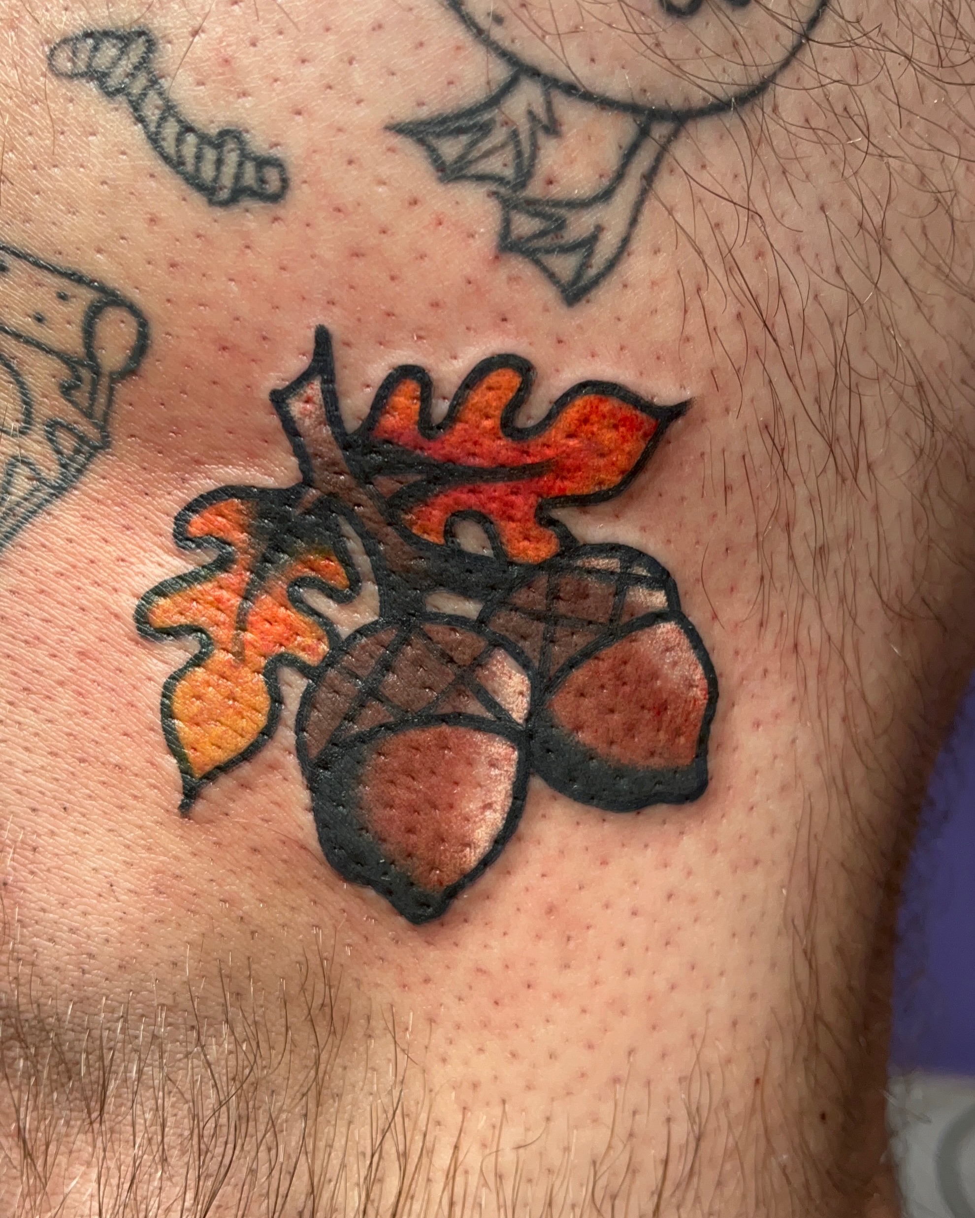 Acorn and oak leaves dotwork tattoo on the chest by Autumn**🍓NOW BOOKING