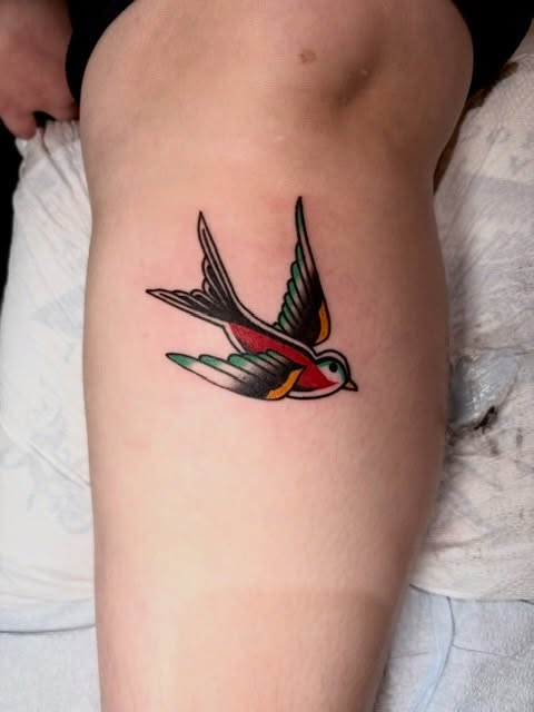 Swallow American traditional tattoo on the forearm by Tash ๐โ๐ฉ