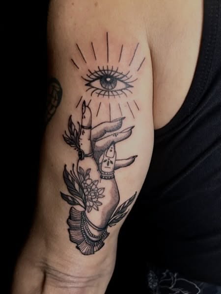 Eye and hands black and grey tattoo on the forearm by Tash ๐โ๐ฉ