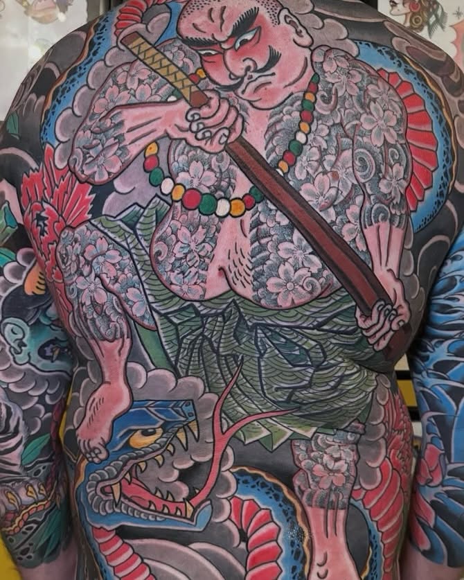 Warrior with sword japanese irezumi tattoo on the back by Igor Puente