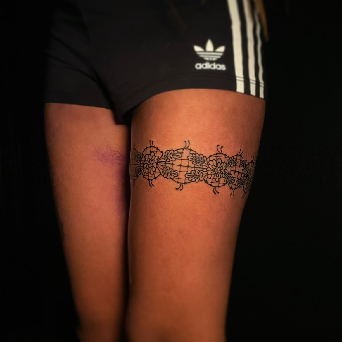 Lace black and grey tattoo on the thigh by 𝕲𝖗𝖆𝖈𝖊 🥀 ᴛᴀᴛᴛᴏᴏ