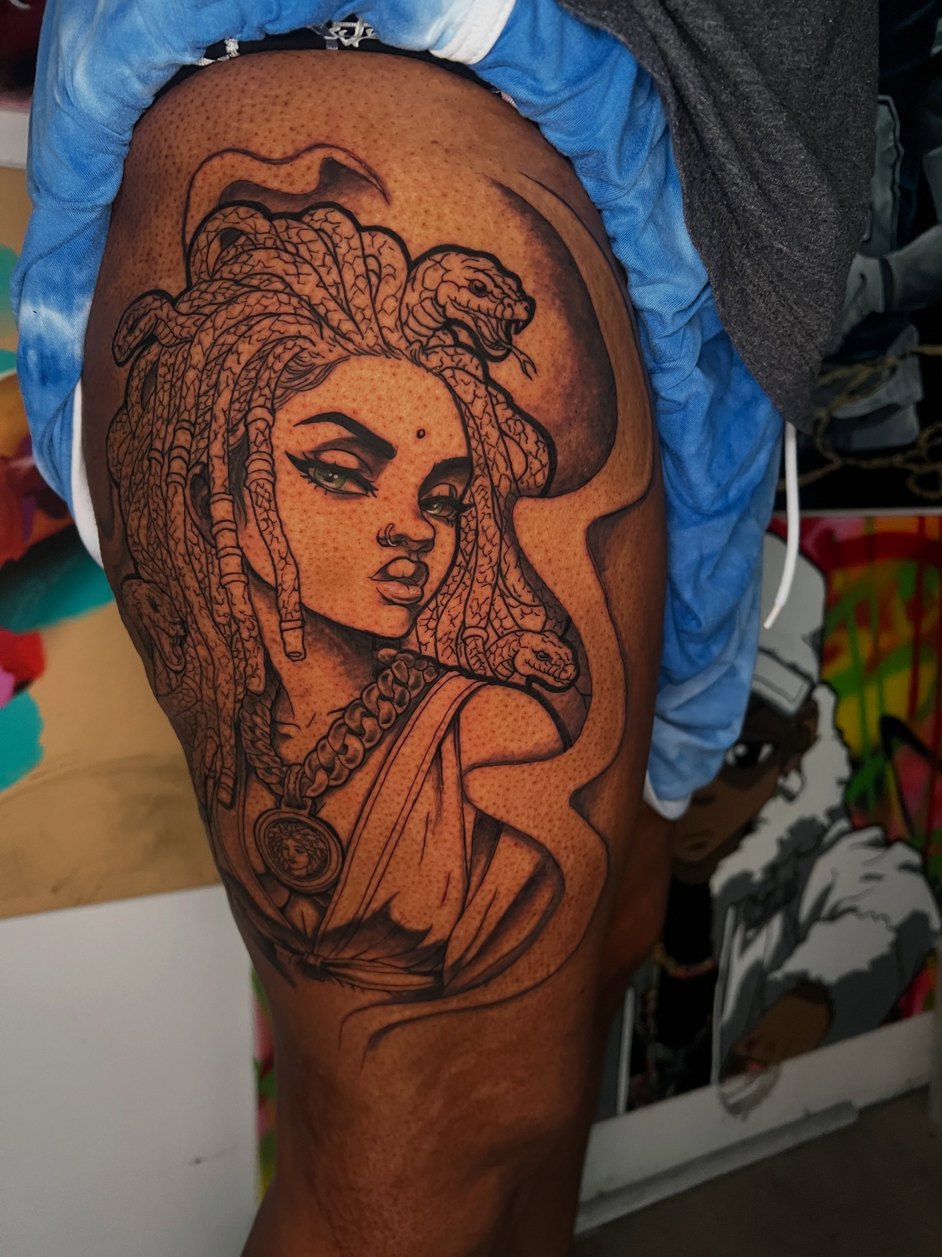 Woman with snakes dotwork tattoo on the thigh by Justx4rt