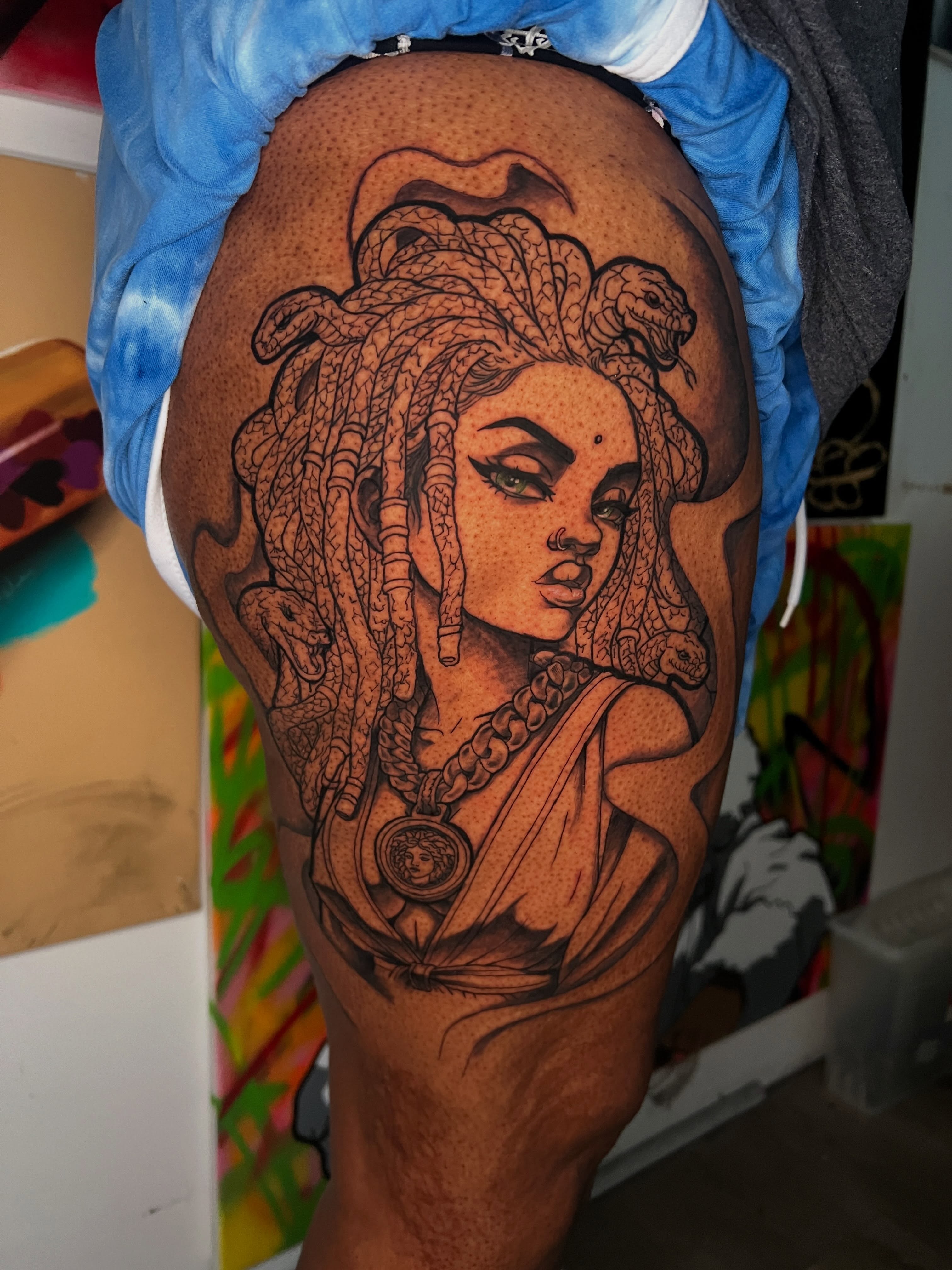 Medusa dotwork tattoo on the thigh by Justx4rt