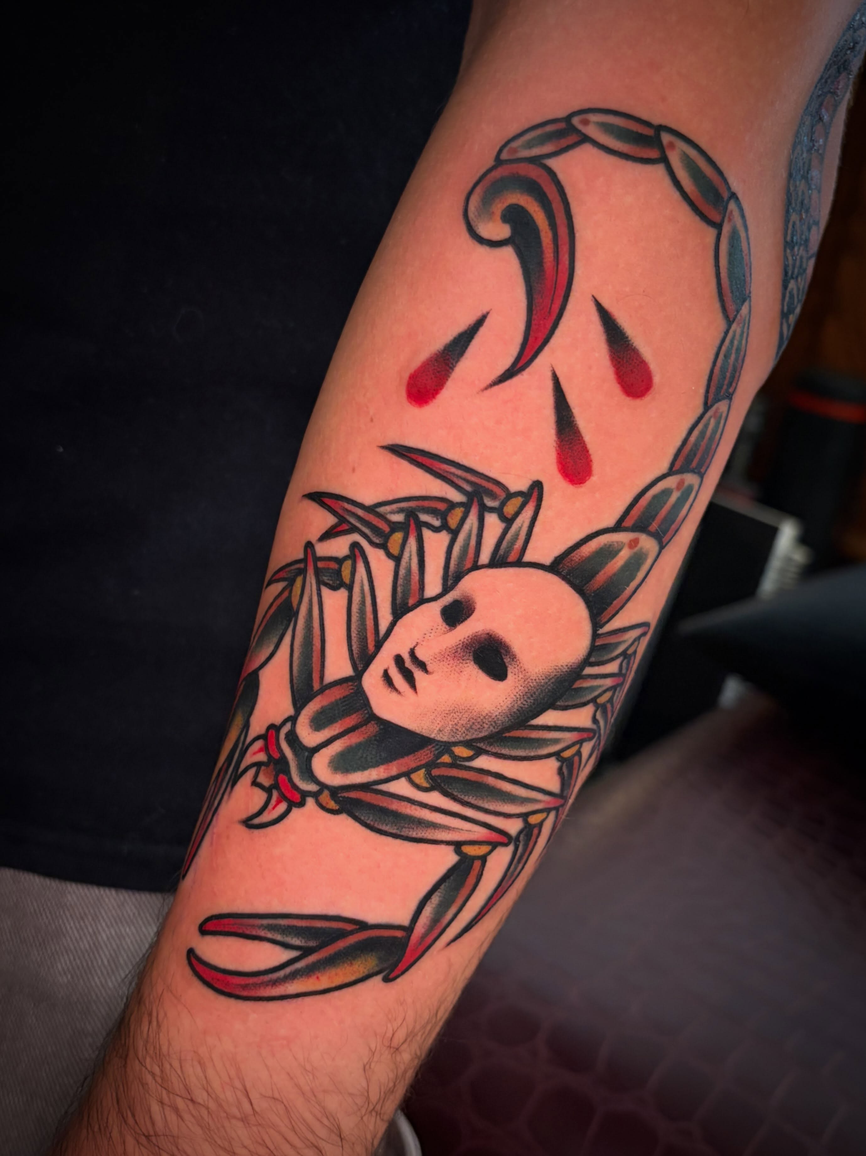 Mask with thorns American traditional tattoo on the forearm by ๐ป๐๐๐ ๐ณ๐๐๐๐๐๐ ๐๐๐