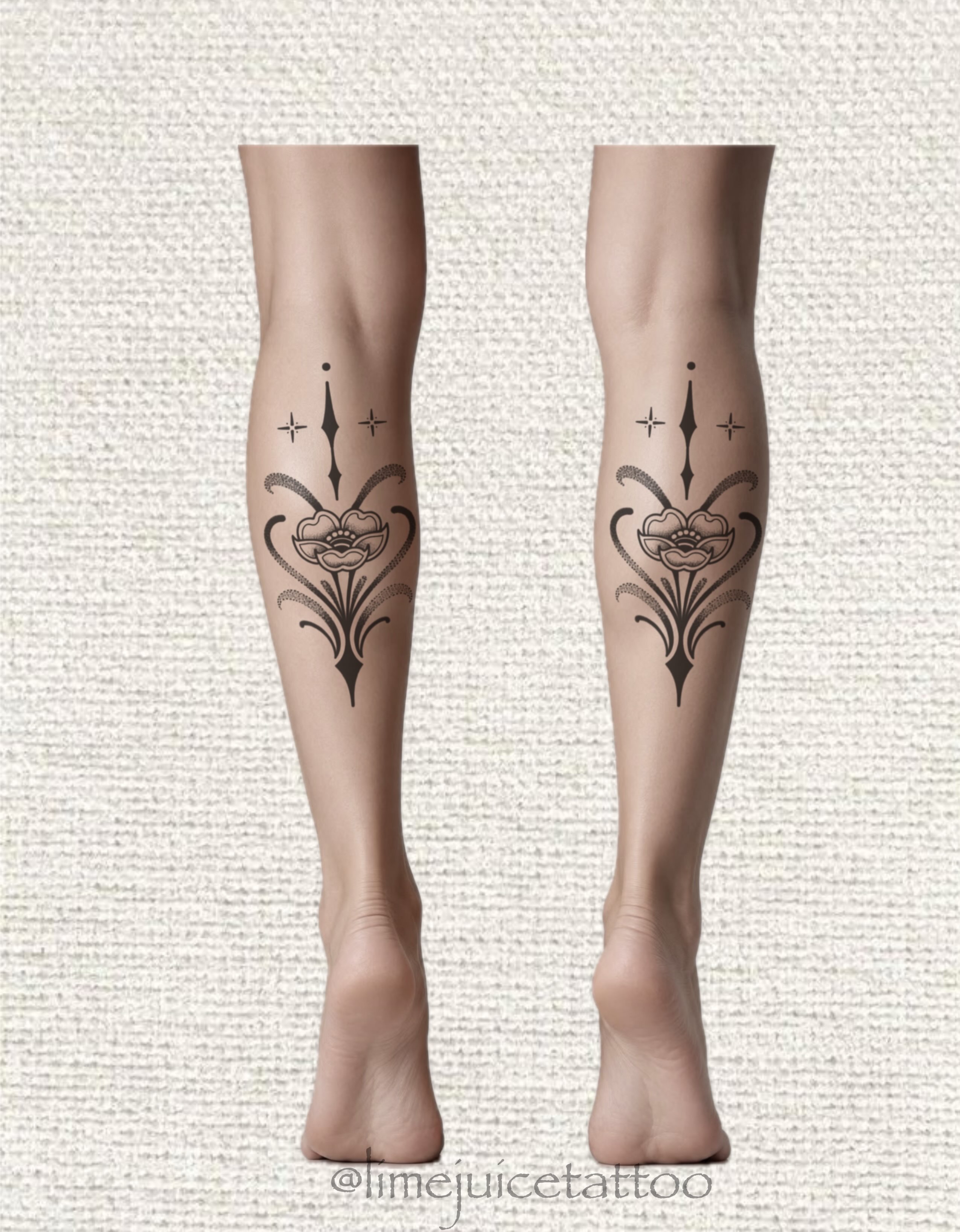 Floral design ornamental tattoo on the calf by Tash ๐โ๐ฉ