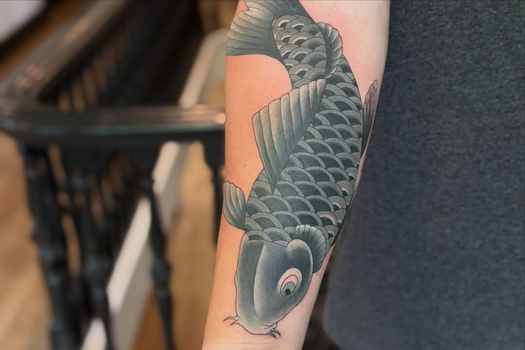 Koi fish black and grey tattoo on the forearm by 🖤🥀🐉Taylor Nichole👻🌙✨️