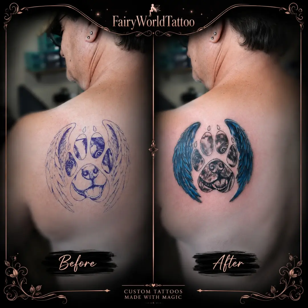 Dog paw with wings realism tattoo on the shoulder by Tanya Tattoota