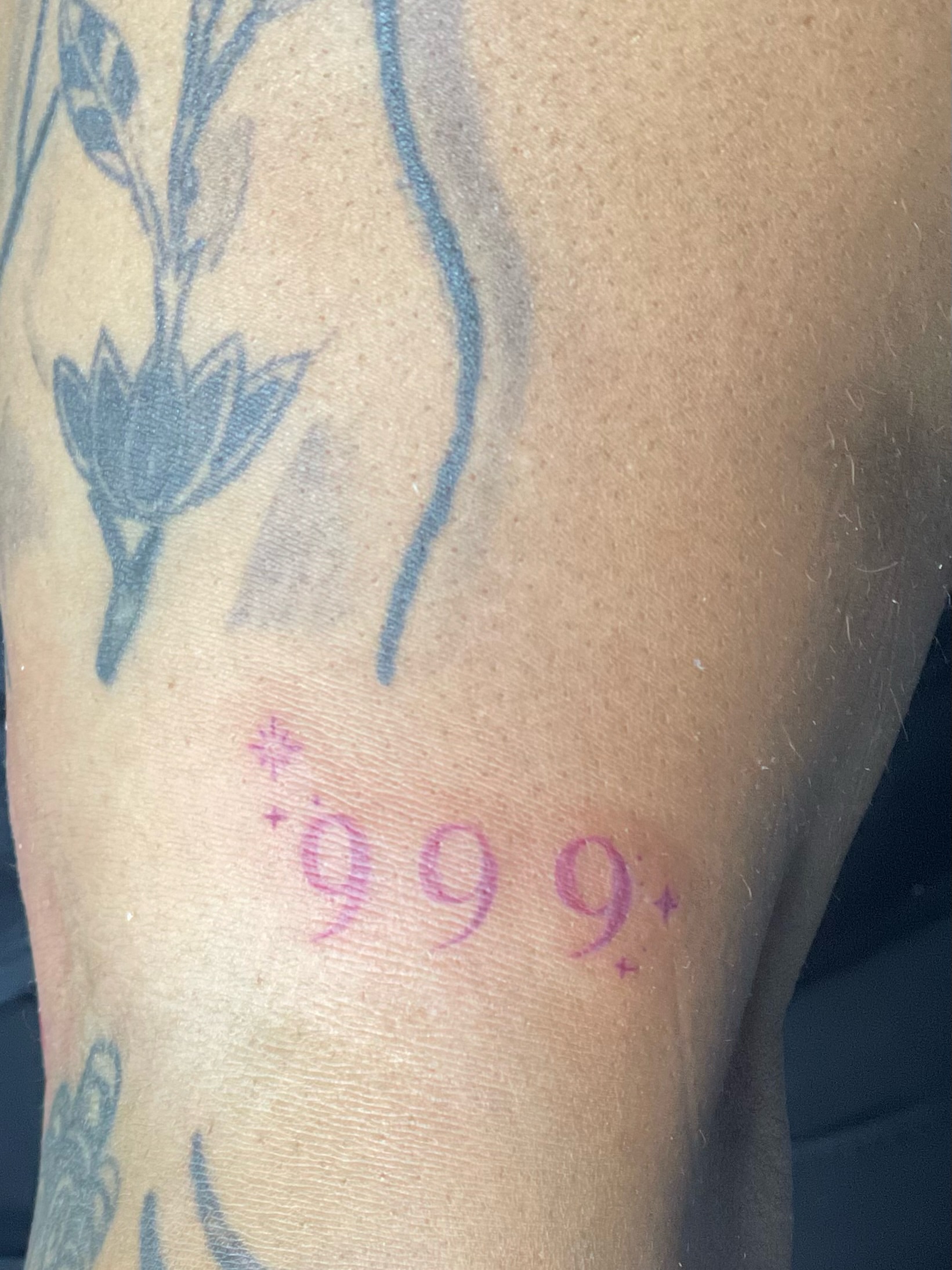 999 lettering script tattoo on the forearm by 😈headhuncho😈