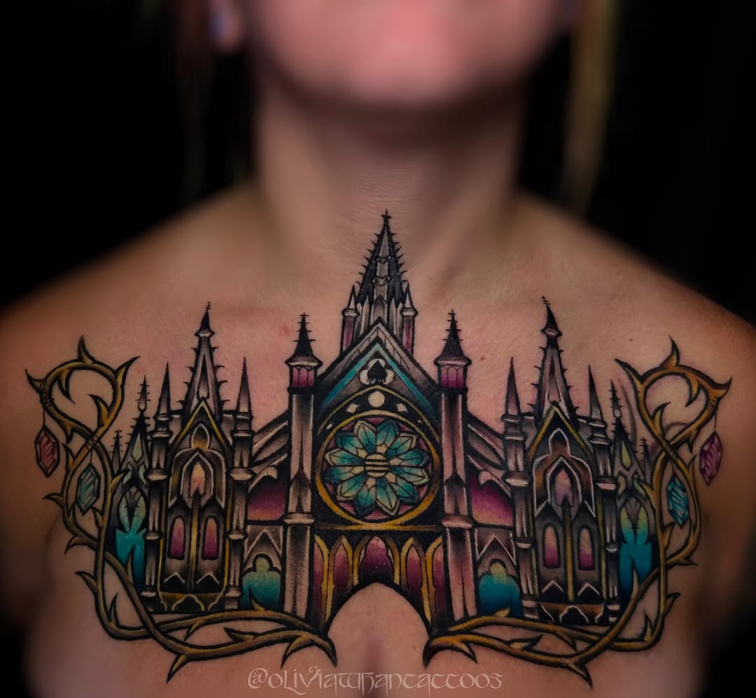 Gothic cathedral ornamental tattoo on the chest by Olivia Whan Tattoos🌙