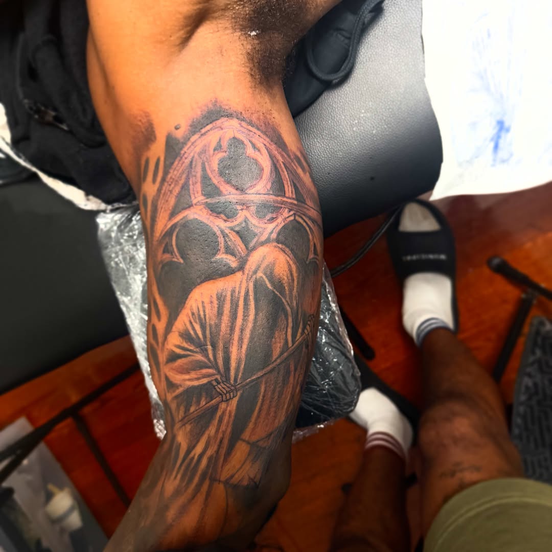 Reaper black and grey tattoo on the forearm by Lamb, Philadelphia, Pennsylvania
