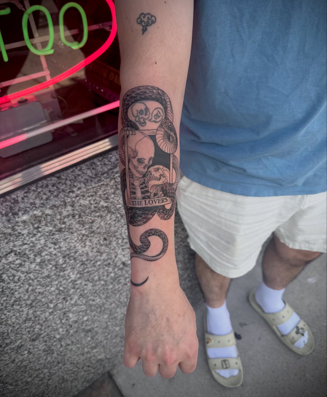 The lovers tarot card black and grey tattoo on the forearm by Kylie Allen