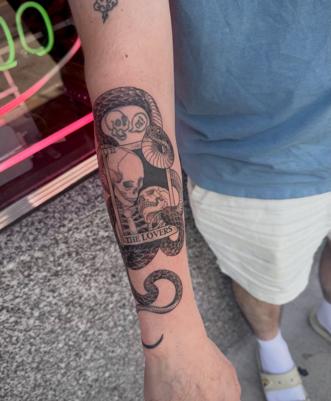 The lovers tarot card black and grey tattoo on the forearm by Kylie Allen