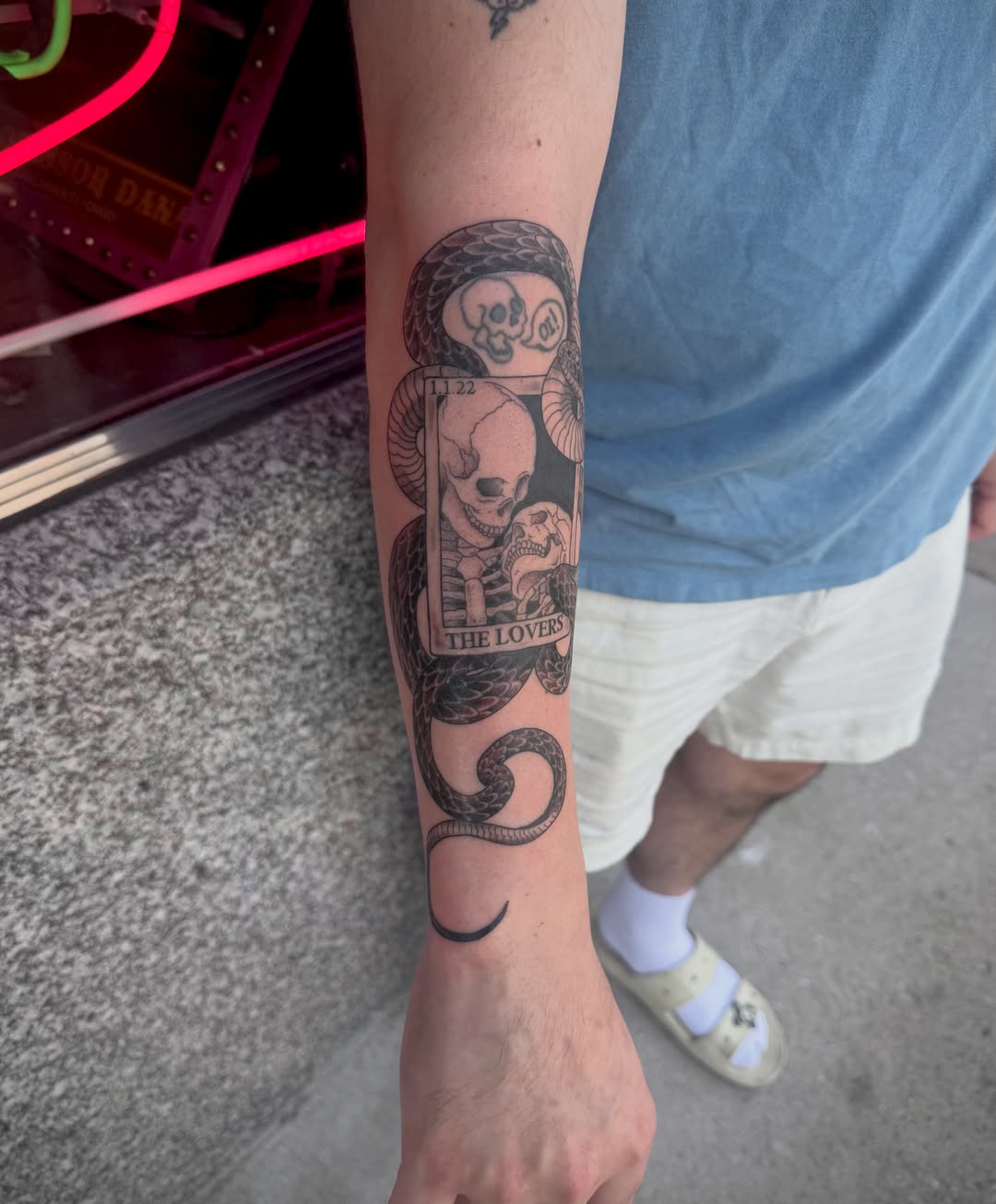 The lovers tarot card black and grey tattoo on the forearm by Kylie Allen