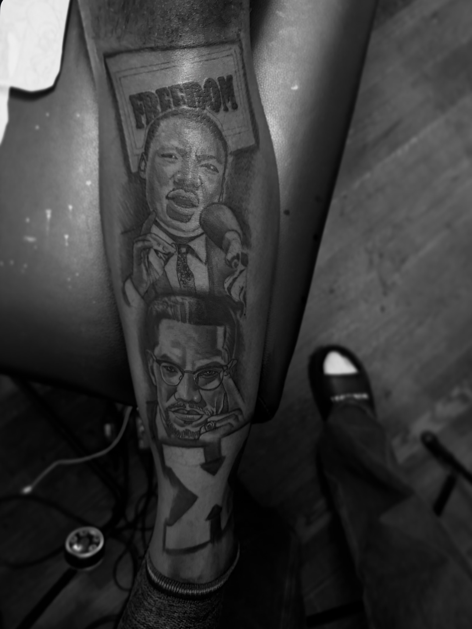 Civil rights leaders black and grey tattoo on the forearm by Lamb, Philadelphia, Pennsylvania