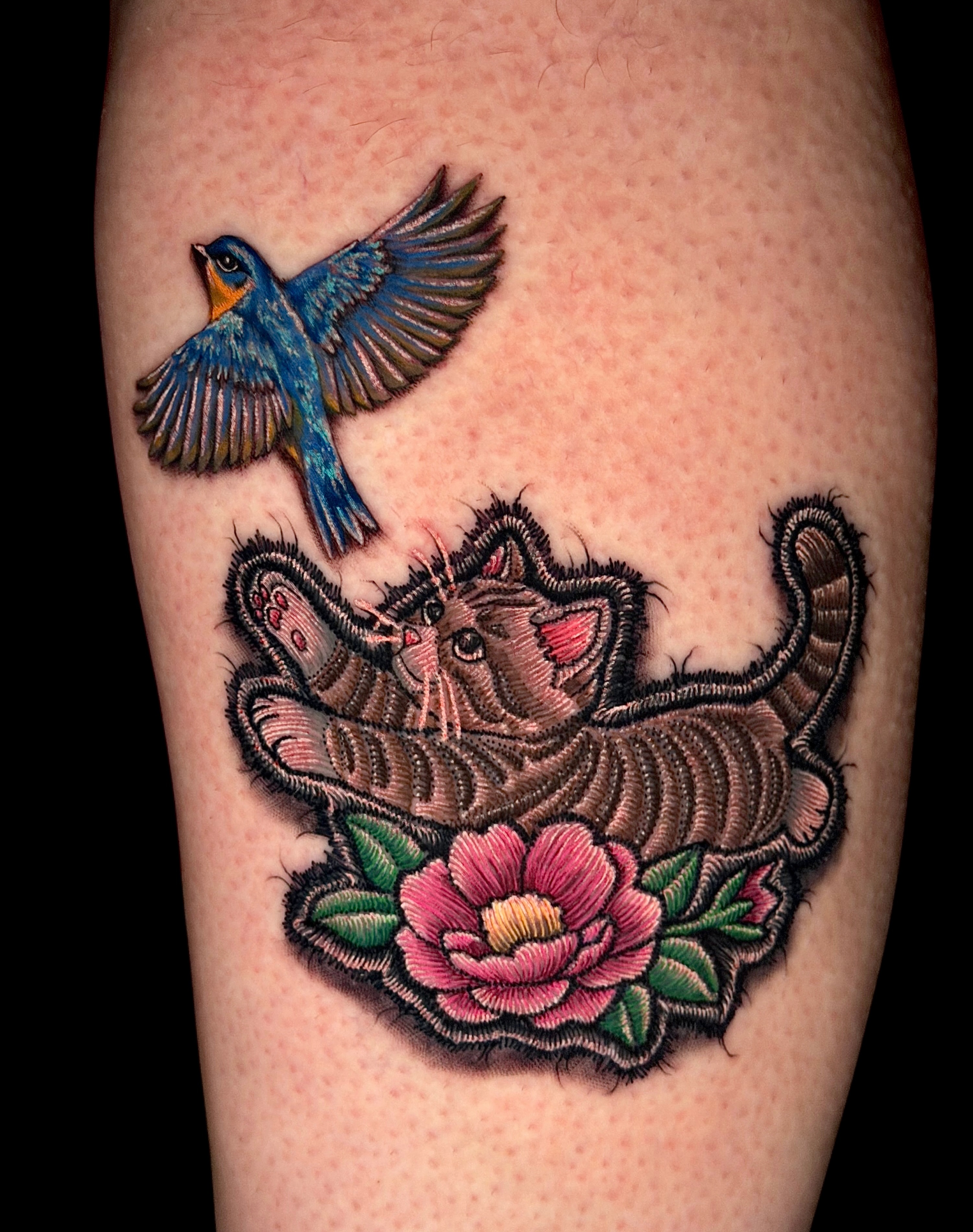 Cat and bird American traditional tattoo on the forearm by 𝓡𝓪𝔂𝓬𝓱𝓲𝓵𝓵 [ᴛᴀᴛᴛᴏᴏ ᴀʀᴛɪꜱᴛ] 💚