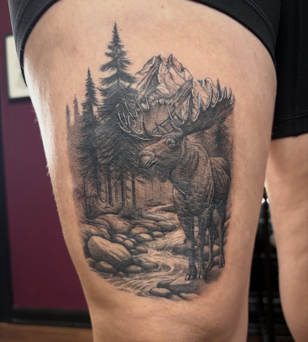 Moose in forest realism tattoo on the thigh by Kelli Donegan ๐ท