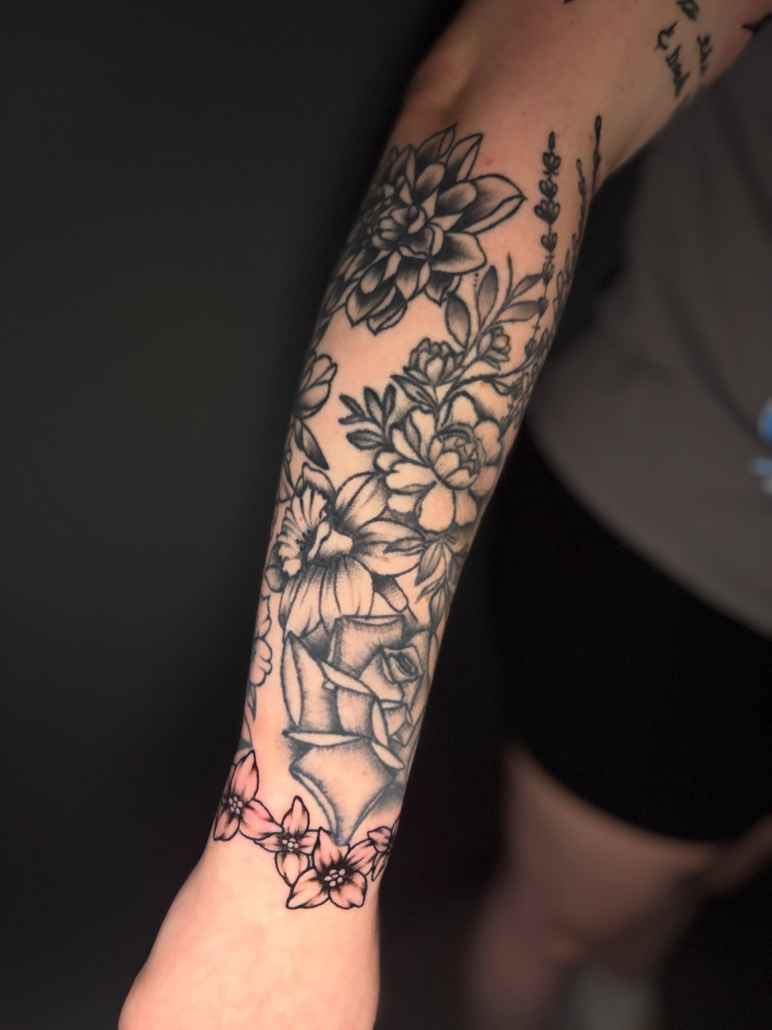 Floral bouquet realism tattoo on the forearm by ✩ 🕯️☾༺♰ gracey ༻☽🕯️✩