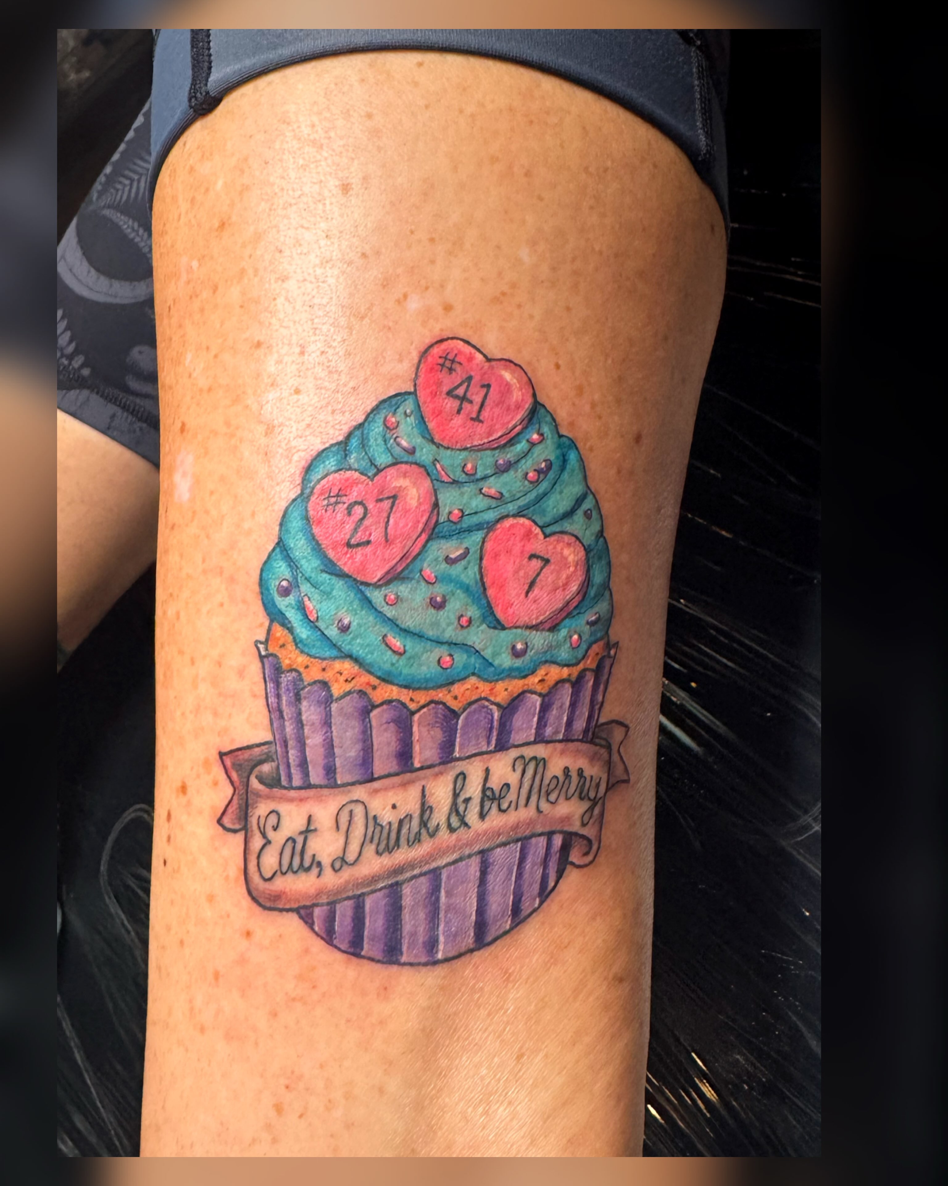 Cupcake new school tattoo on the thigh by Chris Adkins Tattoos, Chattanooga, Tennessee