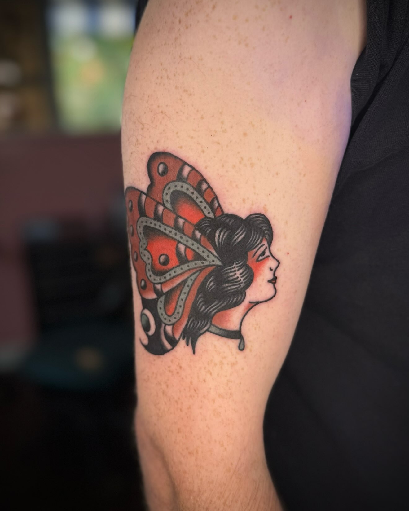 Butterfly woman American traditional tattoo on the forearm by kalli berry