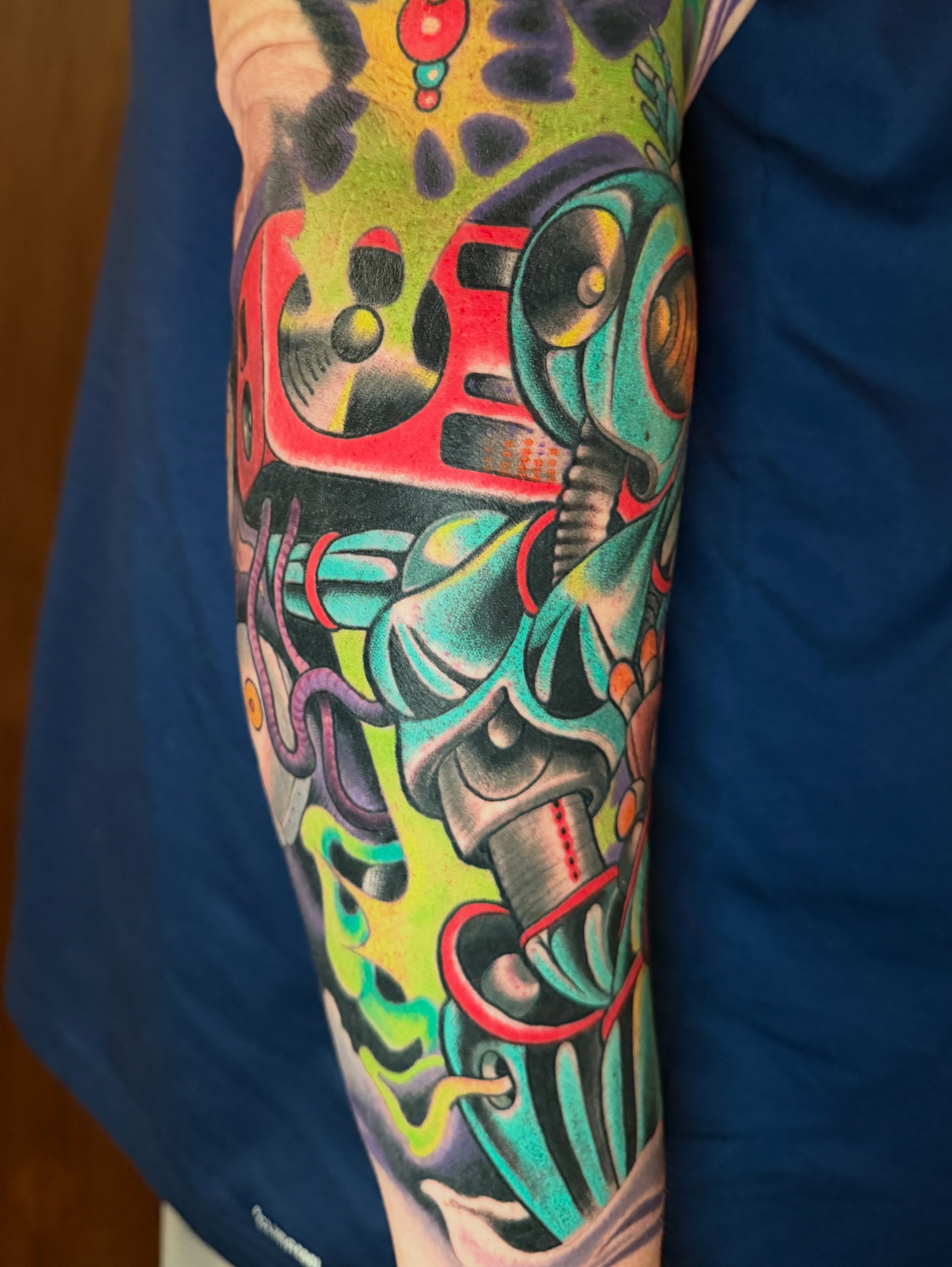 Mechanical robot American traditional tattoo on the forearm by JoshUA Bowers, Des Moines, Iowa