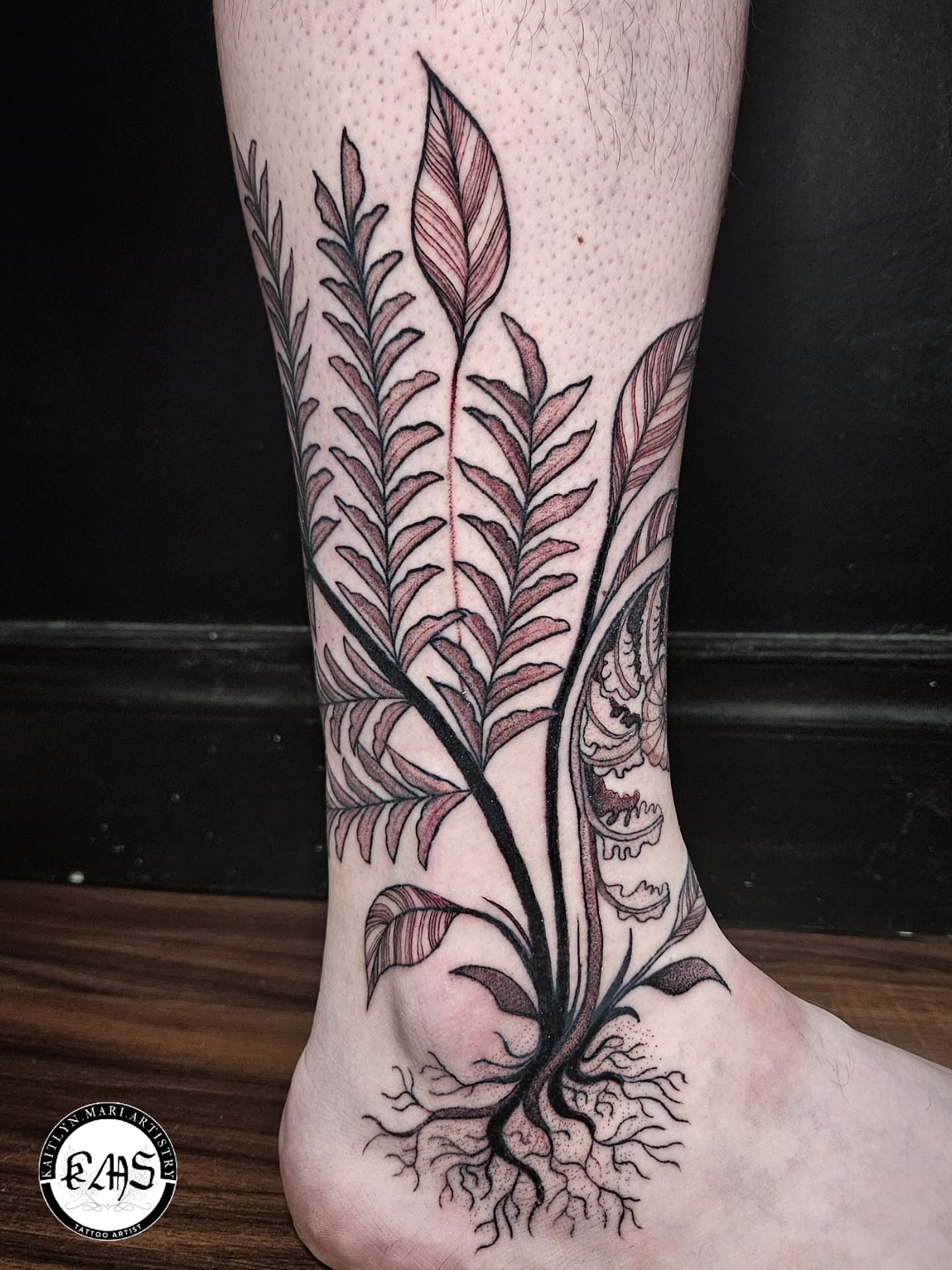 Fern black and grey tattoo on the calf by Kaitlyn Marianna Skewes 🌙 Illustrative