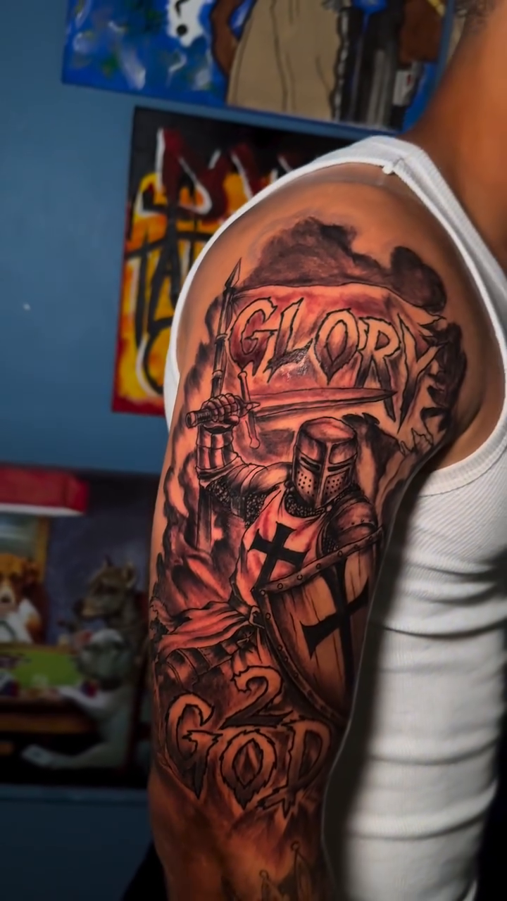 Knight's shield and crown realism tattoo by Dope
